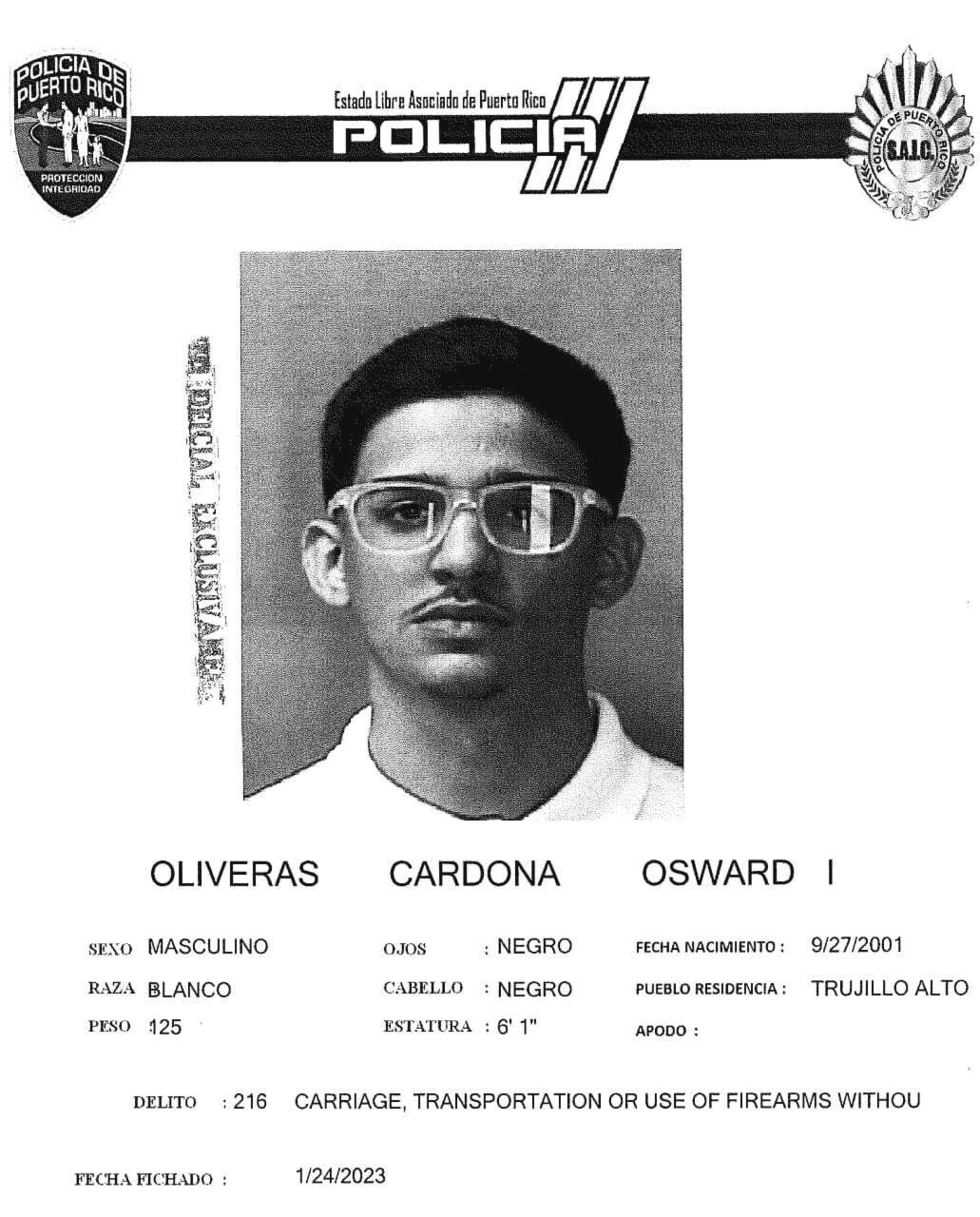 Ficha de Osward I. Oliveras Cardona, arrestado y vinculado al asesinato del sargento Pedro Torres Santos