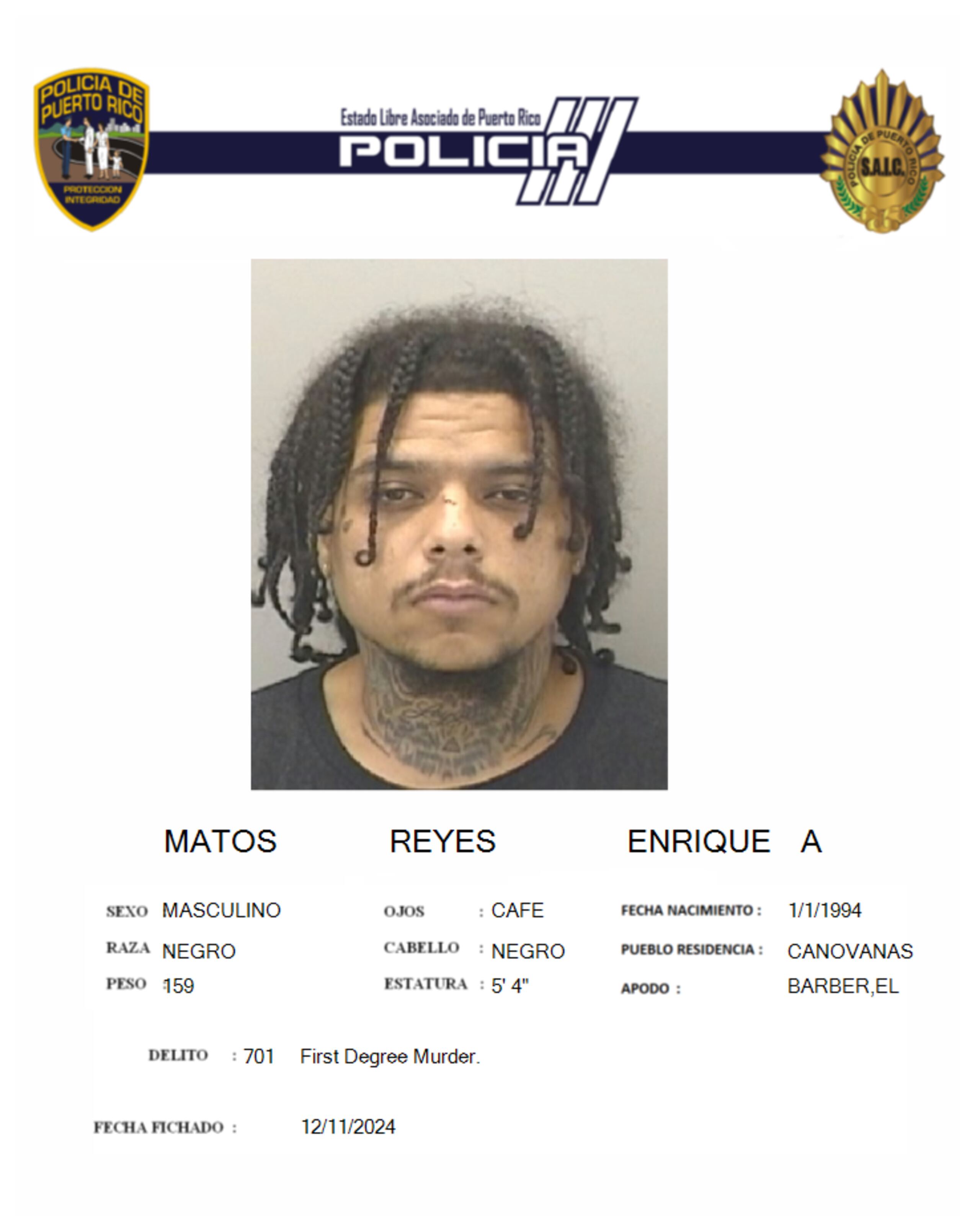 Enrique A. Matos Reyes, enfrenta cargos por asesinato, tentativa de asesinato y violación a la Ley de Armas.