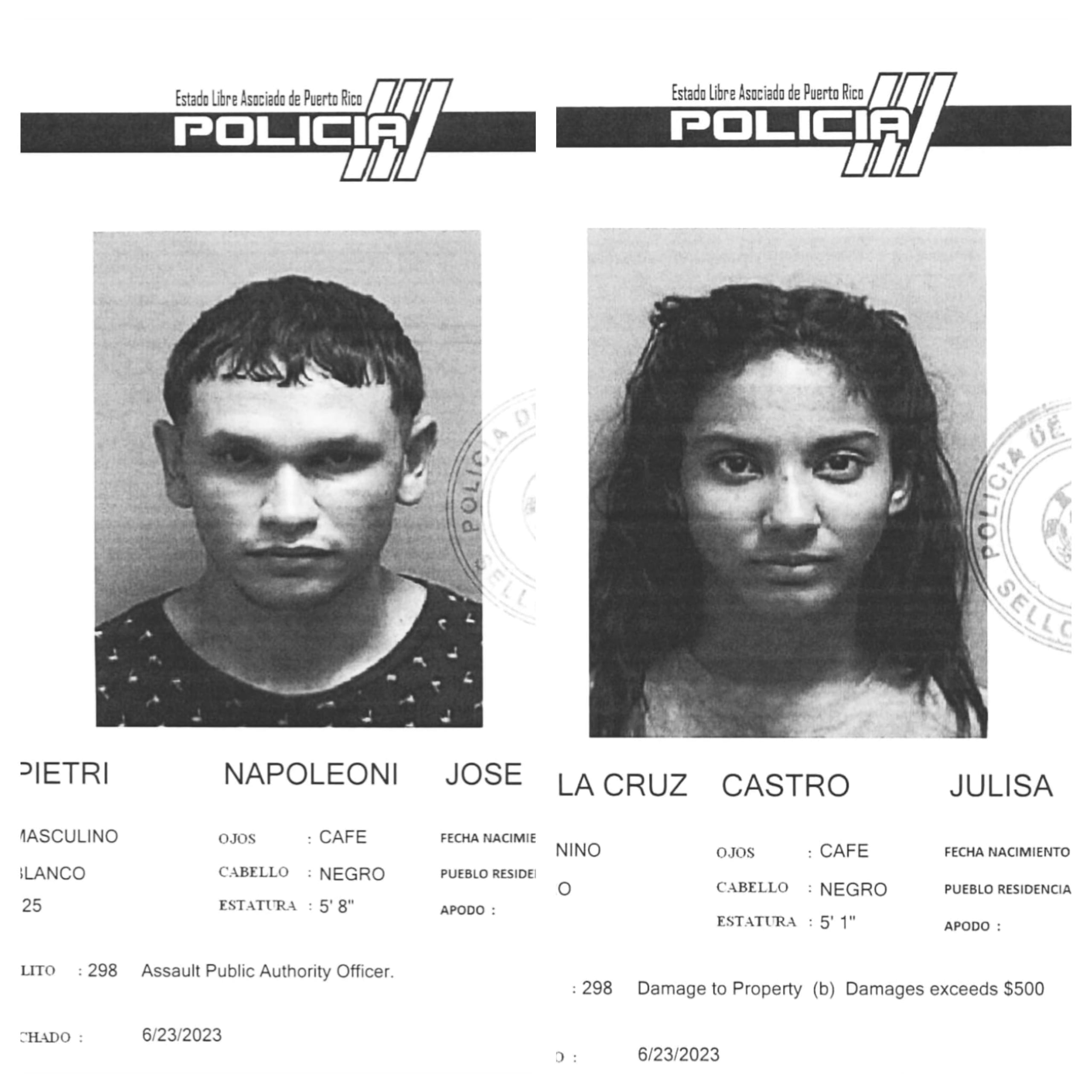 José Ramón Pietri Napoleoni, de 22 años y Julisa De La Cruz Castro, de 25 años, fueron acusados por empleo de violencia o intimidación contra la autoridad pública, posesión de sustancias controladas (artículo 4.04) e infracción a los artículos 6.05 (portación, transportación o uso de armas de fuego sin licencia y 6.22 (fabricación, distribución, posesión y uso de municiones; importación de municiones) de la Ley de Armas y daños agravados.