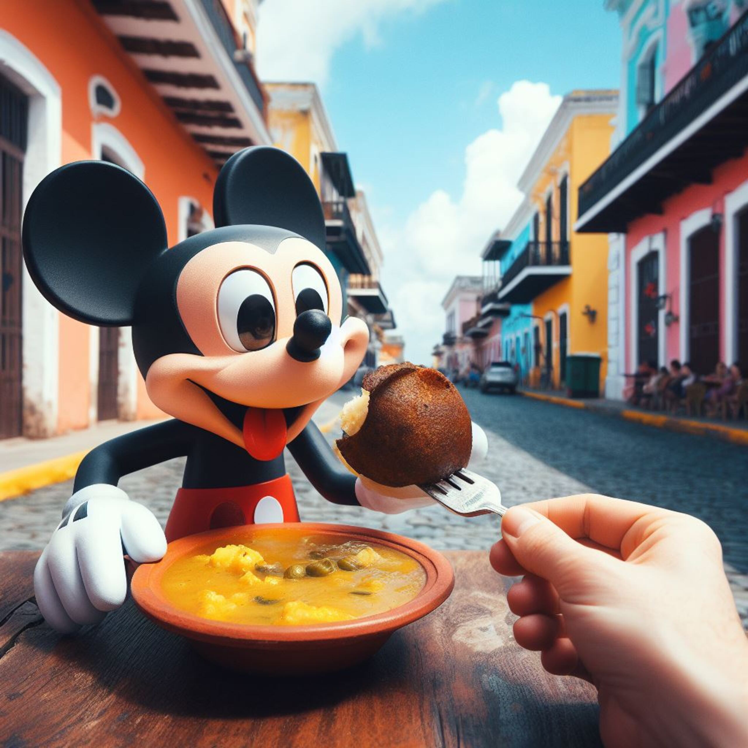 Imágenes producidas con el texto: “Mickey Mouse comiendo mofongo en el Viejo San Juan, Puerto Rico, estilo Disney Pixar”.