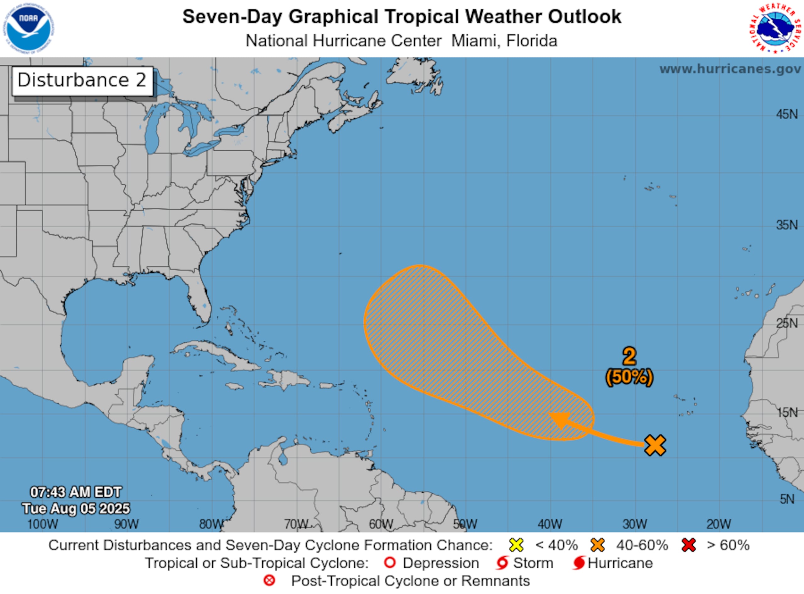 La onda tropical tiene un 50% de posibilidad de desarrollo en siete días según el boletín de la perspectiva del trópico del NHC a las 8:00 de la mañana del martes 5 de agosto. (NOAA)