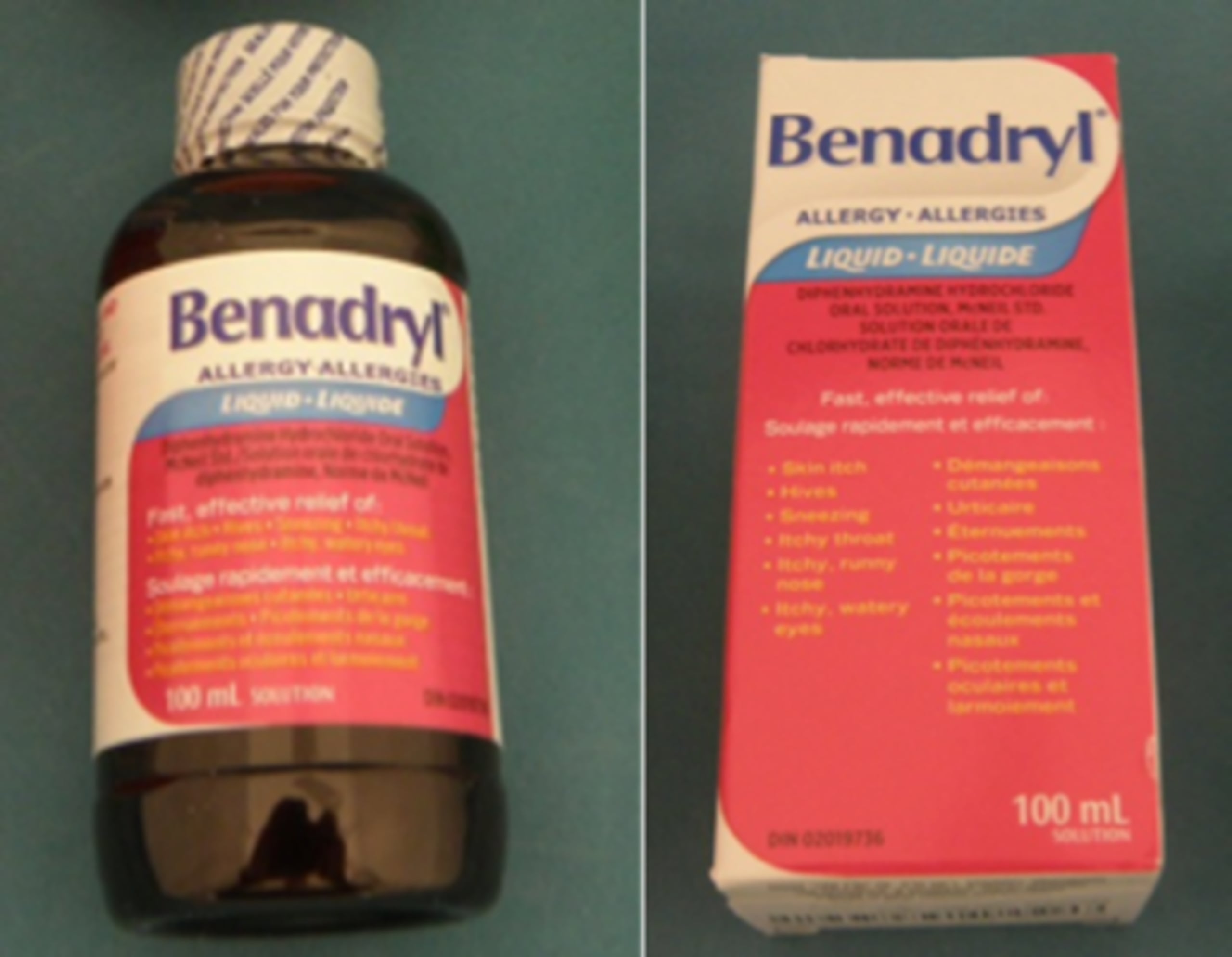 Ante la situación se ordenó el retiro del mercado de Benadryl Liquid Elixir, de 100 mililitros, que se vendió en una botella redonda de plástico oscuro con una etiqueta rosa y blanca y la palabra Benadryl.