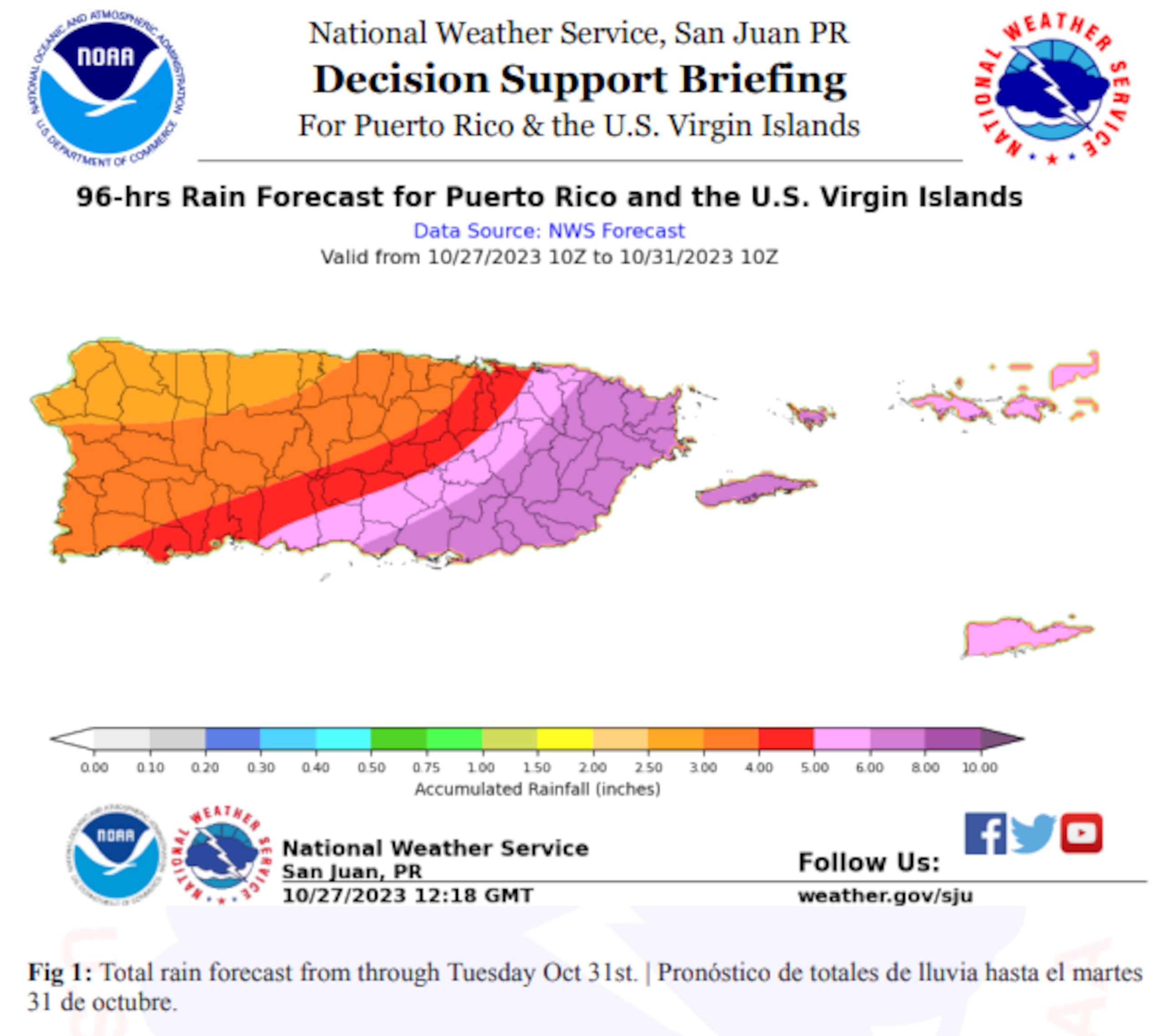 Pronóstico de pulgadas de lluvias que se registrarían hasta el próximo martes, 31 de octubre.