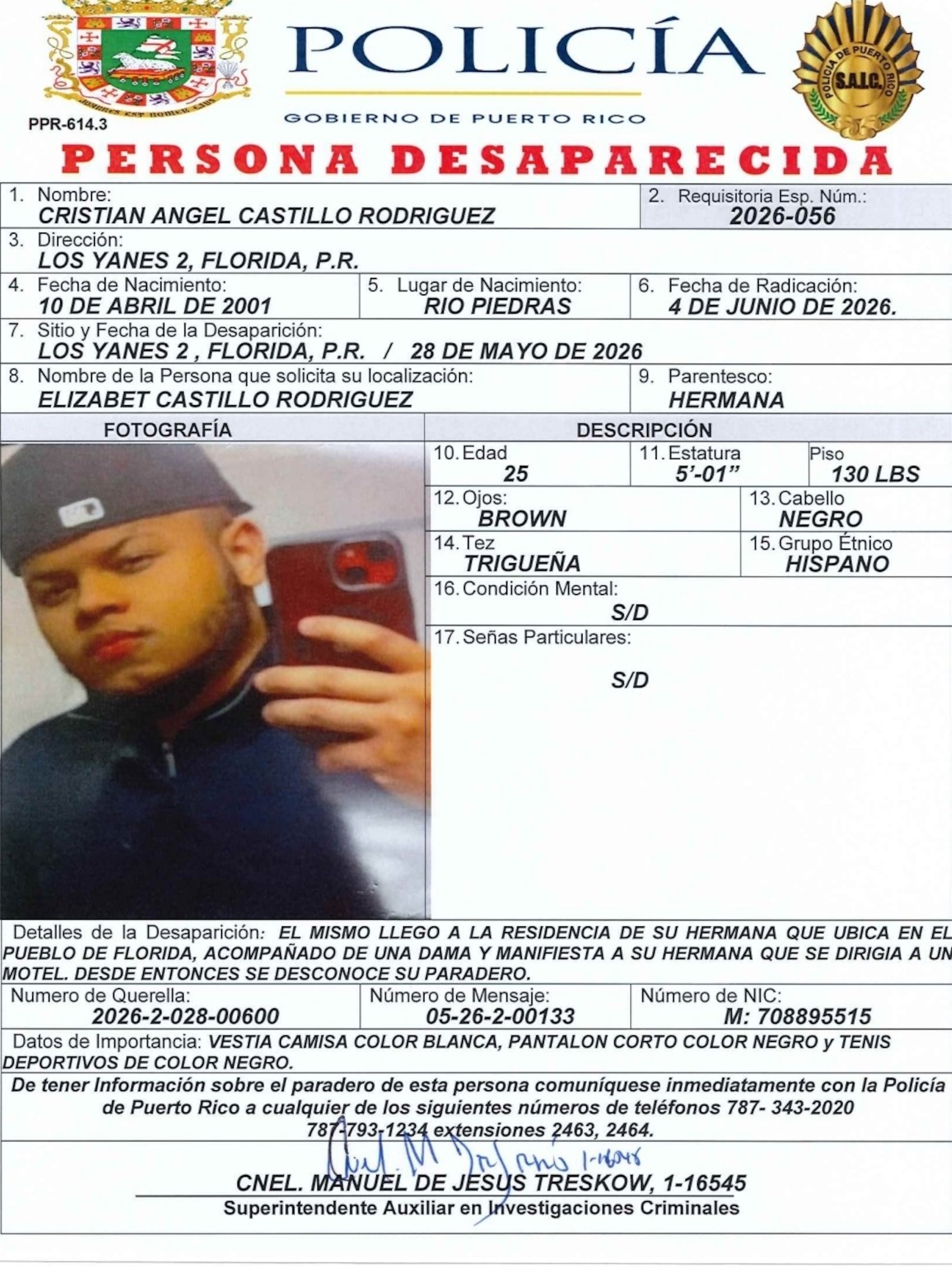 Cristian Ángel Castillo Rodríguez fue visto por última vez mediante videollamada en el sector Ojo de Agua, en Vega Baja, el 29 de mayo.