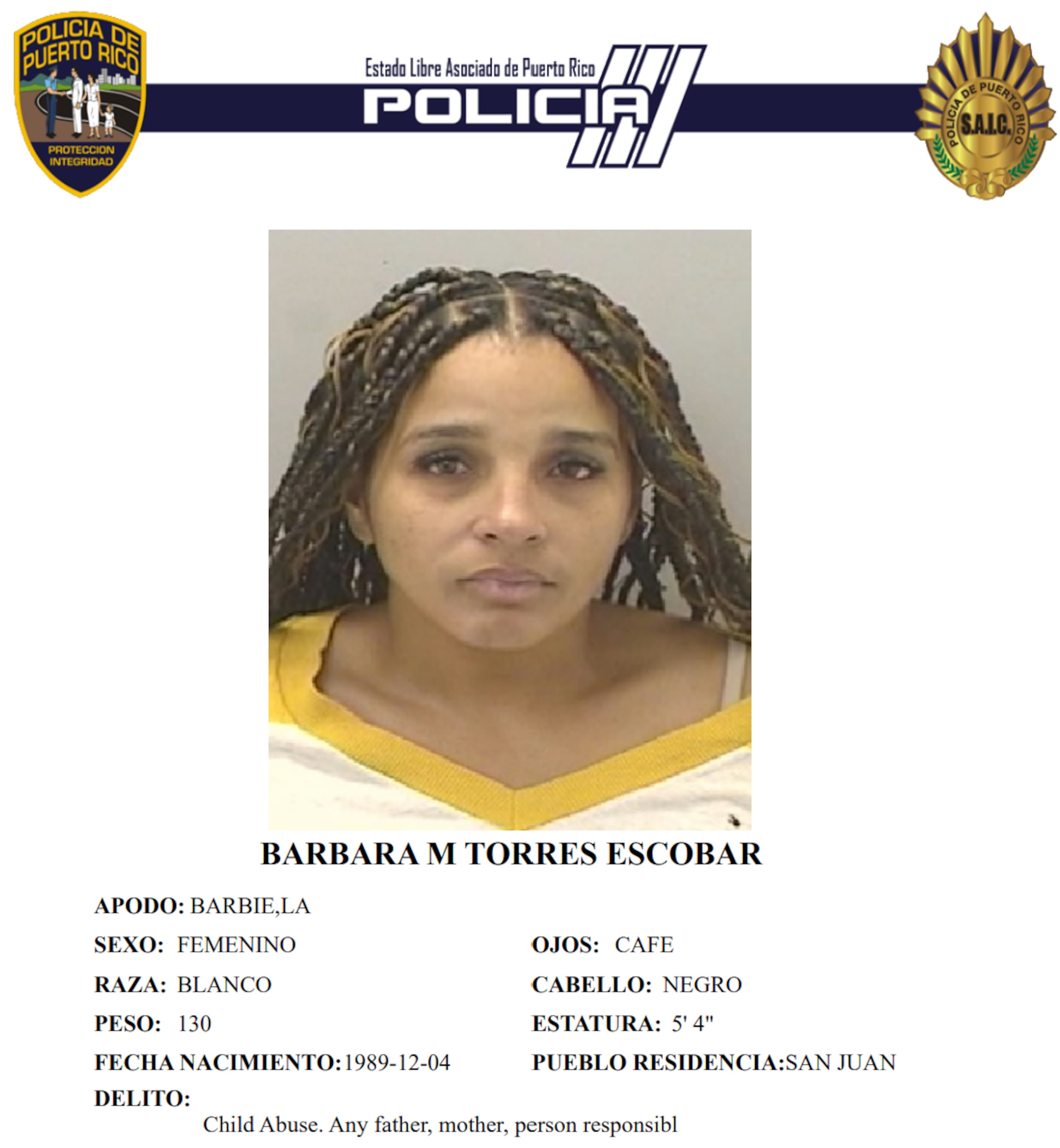 Ficha policiaca de Barbara M. Torres Escobar, de 35 años y vecina de San Juan.