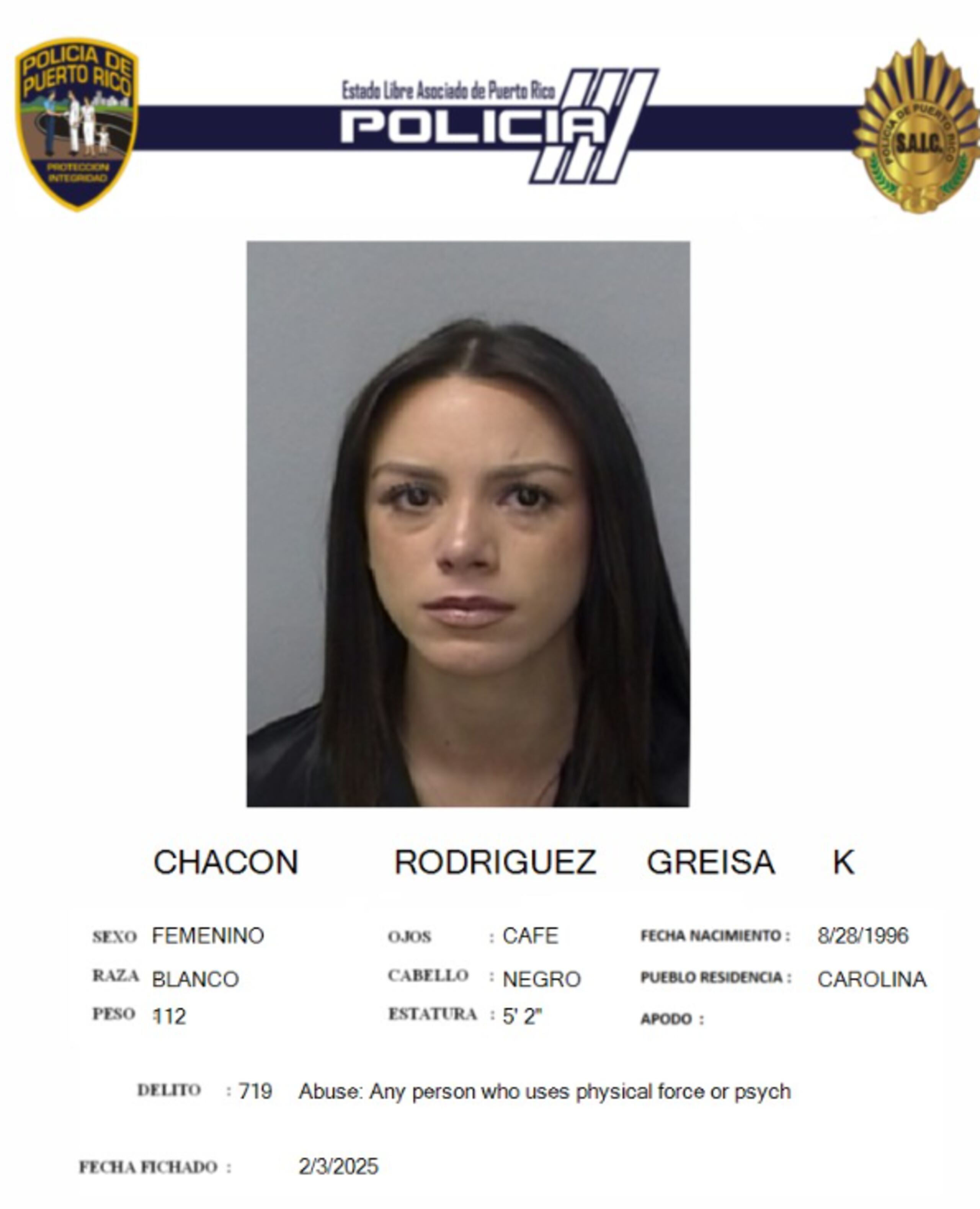 Greisa K. Chacón Rodríguez, enfrenta cargos por violencia doméstica.