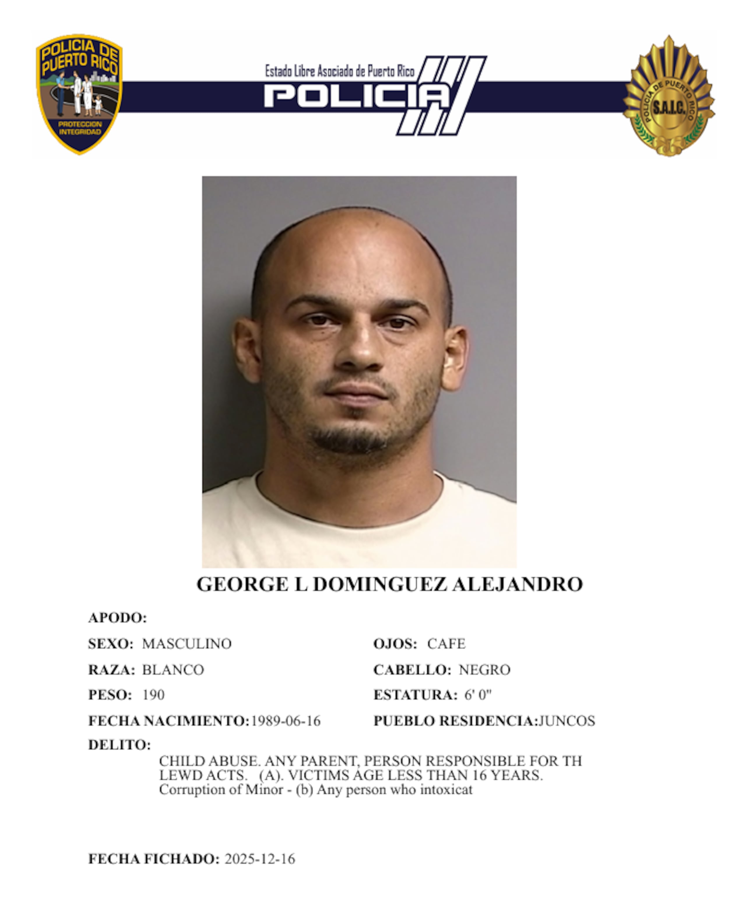 Ficha policíaca del imputado, George L. Domínguez Alejandro, de 36 años y residente de Juncos.