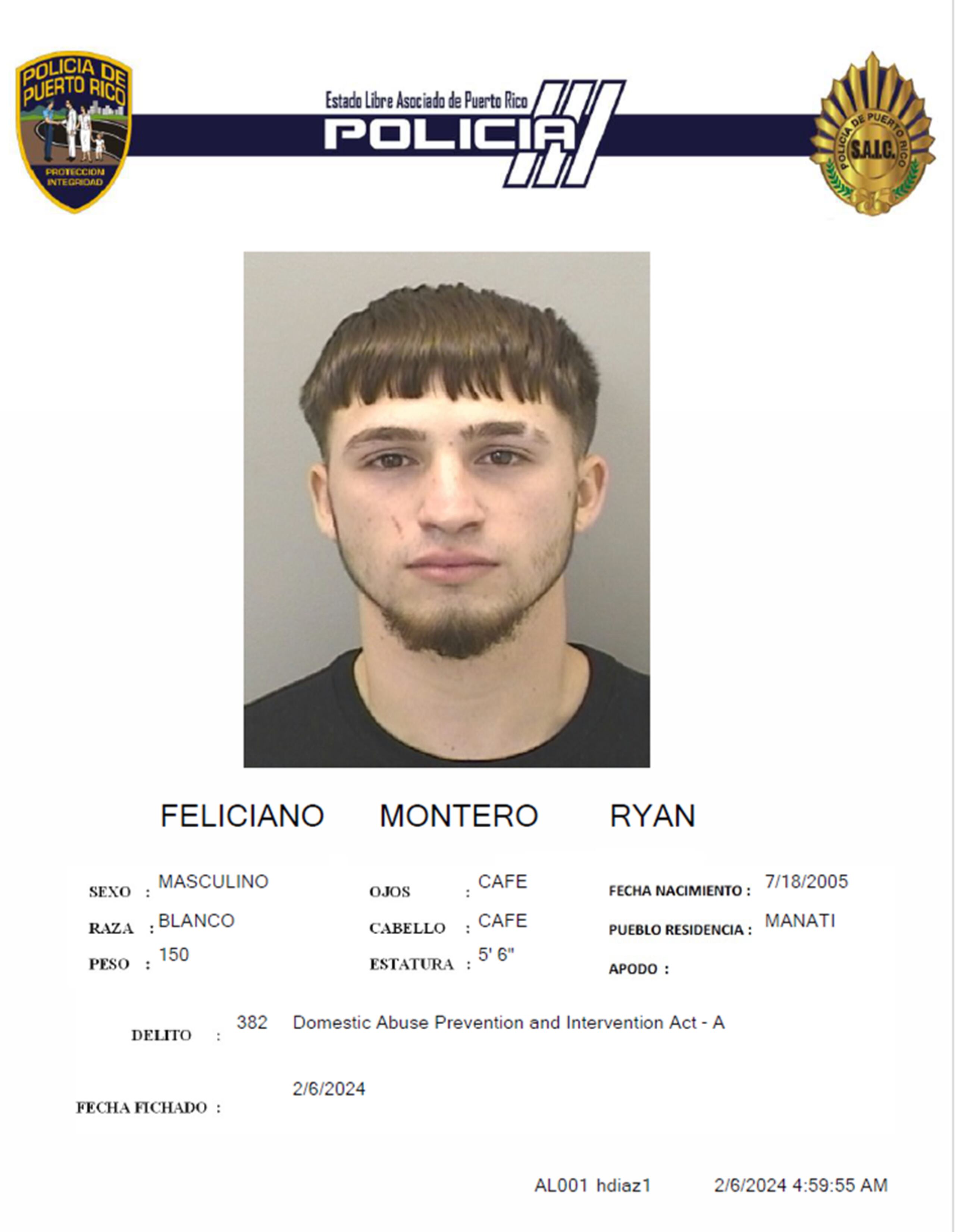 Ryan Feliciano Montero, está acusado por violar los artículos 3.1 (maltrato) y 3.2 (maltrato agravado) de la Ley para la Prevención e Intervención con la Violencia Doméstica.