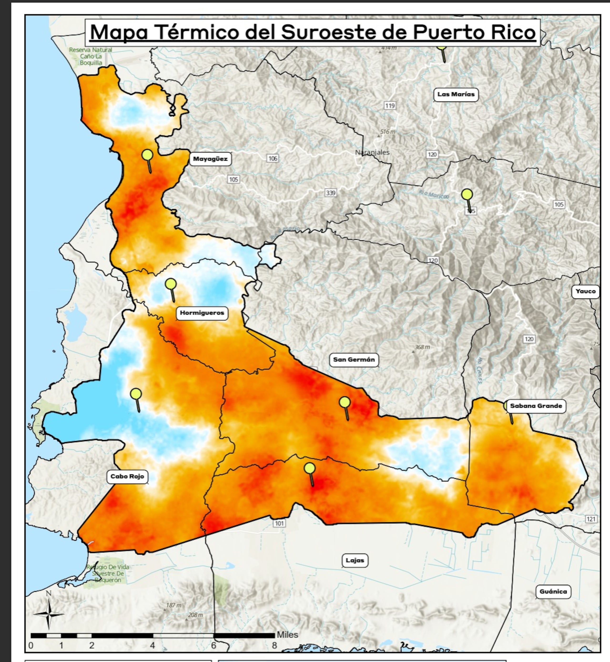 El mapa muestra las zonas donde se han registrado las zonas más calurosas en la zona suroeste de la Isla.