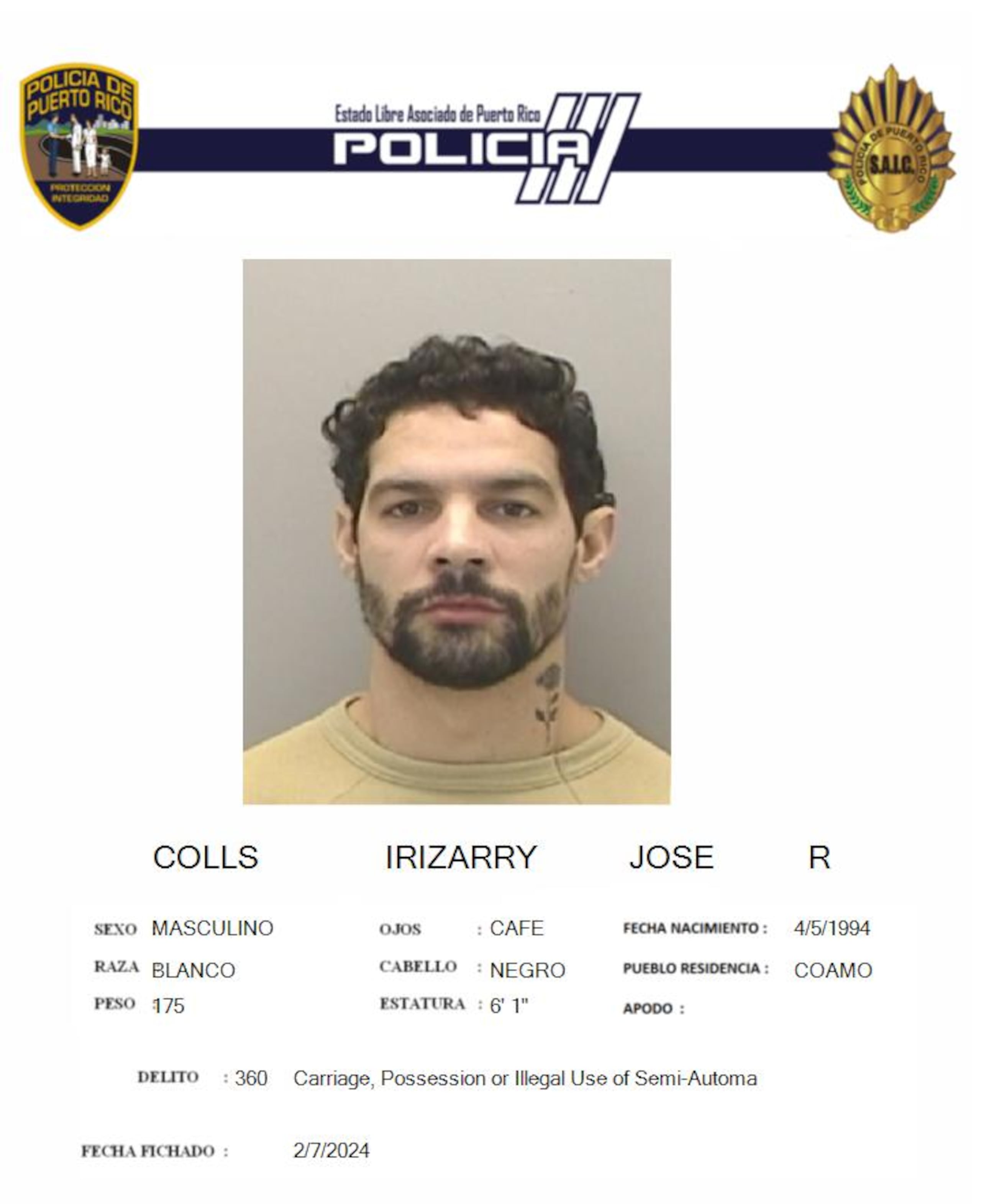 José R. Colls III Irizarry enfrenta cargos por tráfico de armas ilegales.