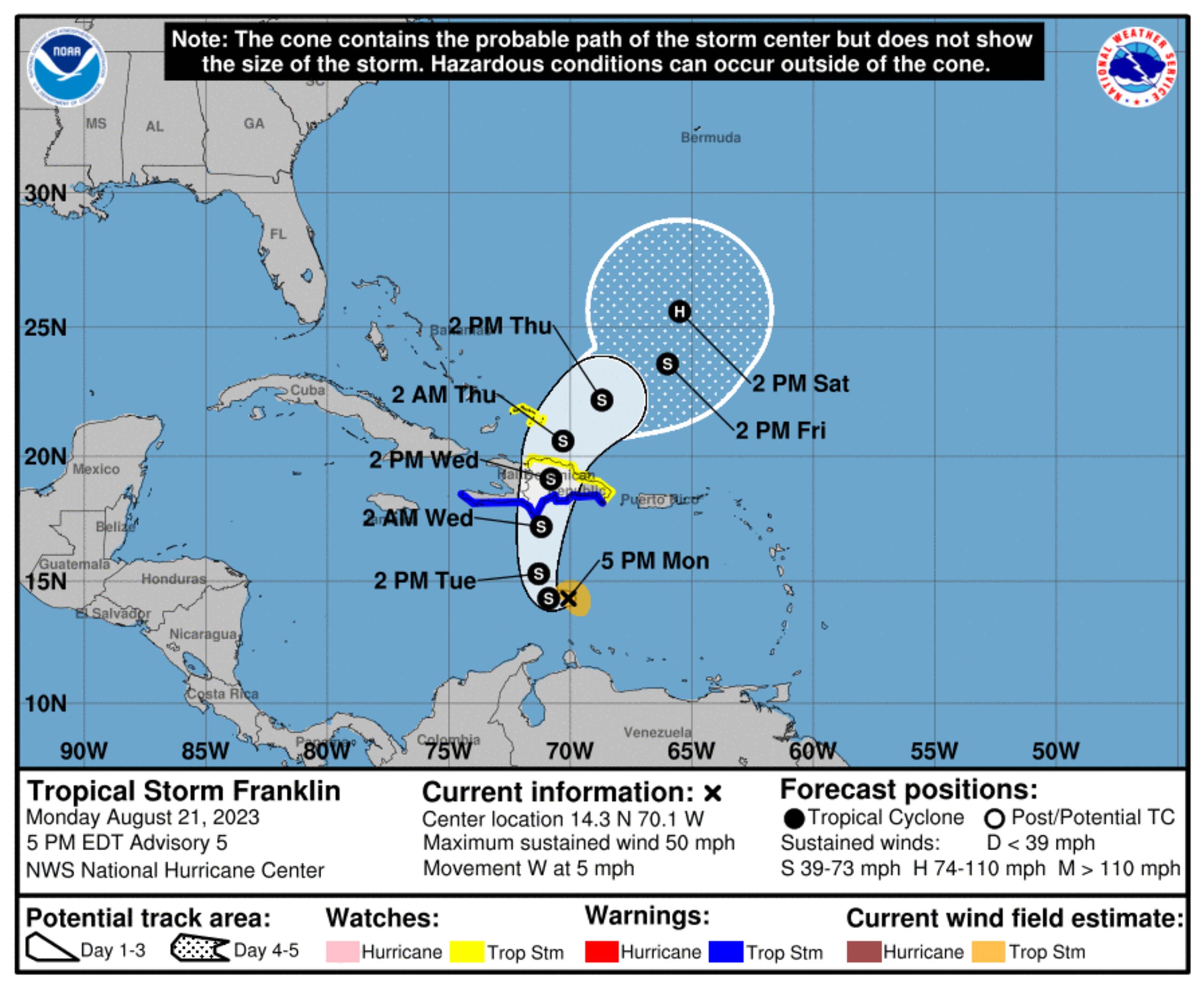 La tormenta Franklin se mueve a solo cinco millas por hora. (NOAA)