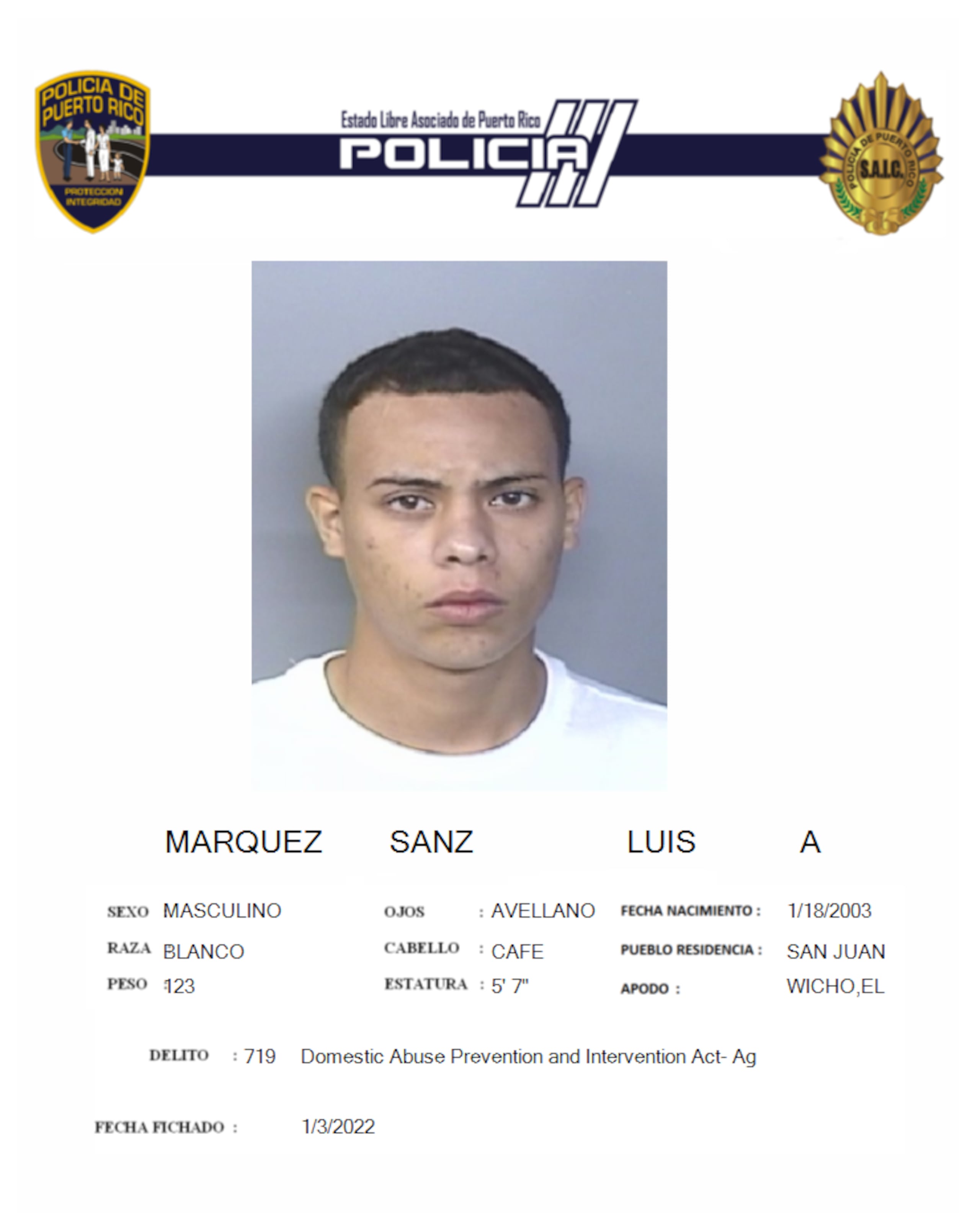 Luis A. Marquez Sanz, está detenido para interrogatorio para determinar si le restringió la libertad a su novia en la Playa Guayanés, en Yabucoa.