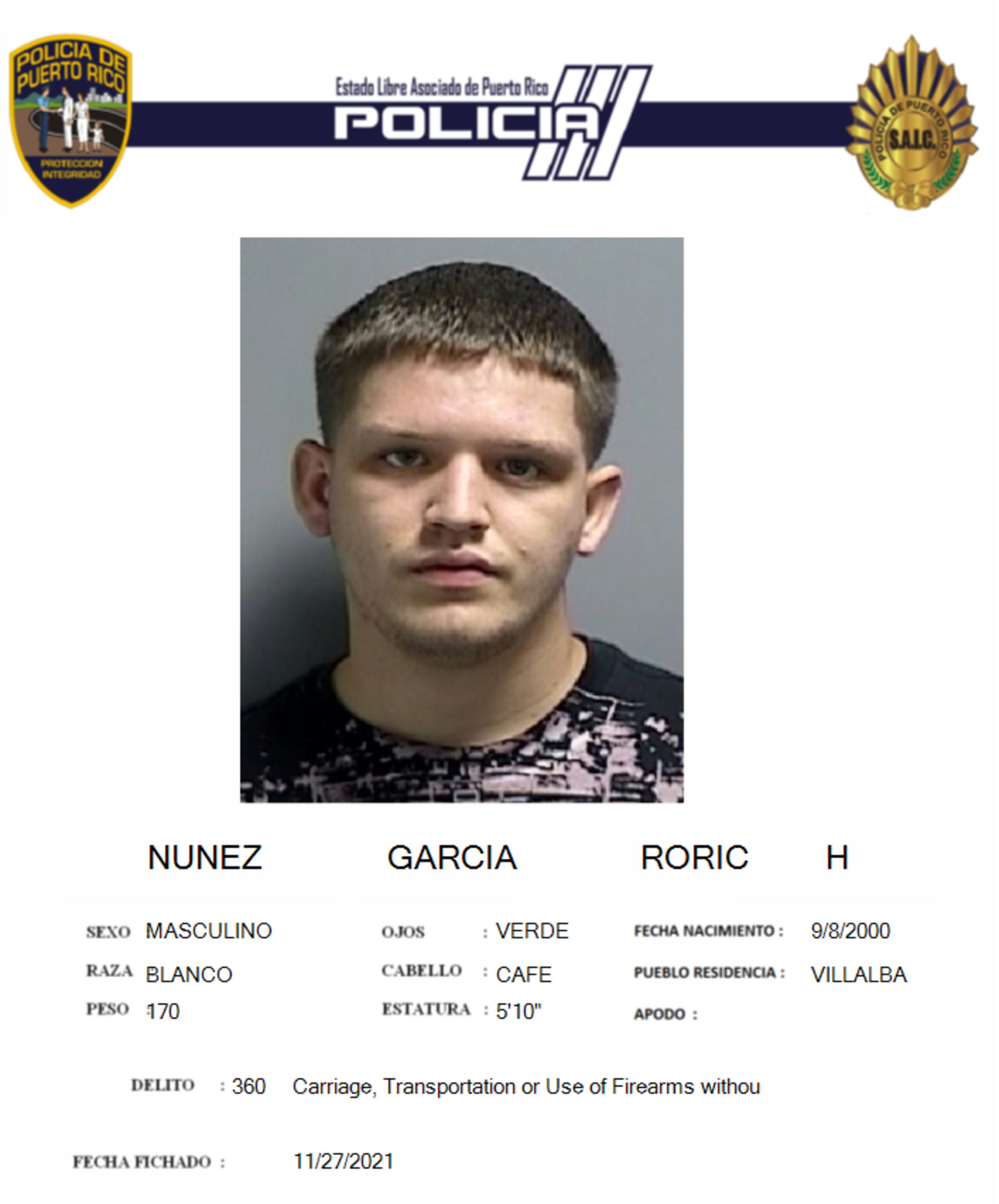 Ficha policíaca de Roric H. Núñez García.