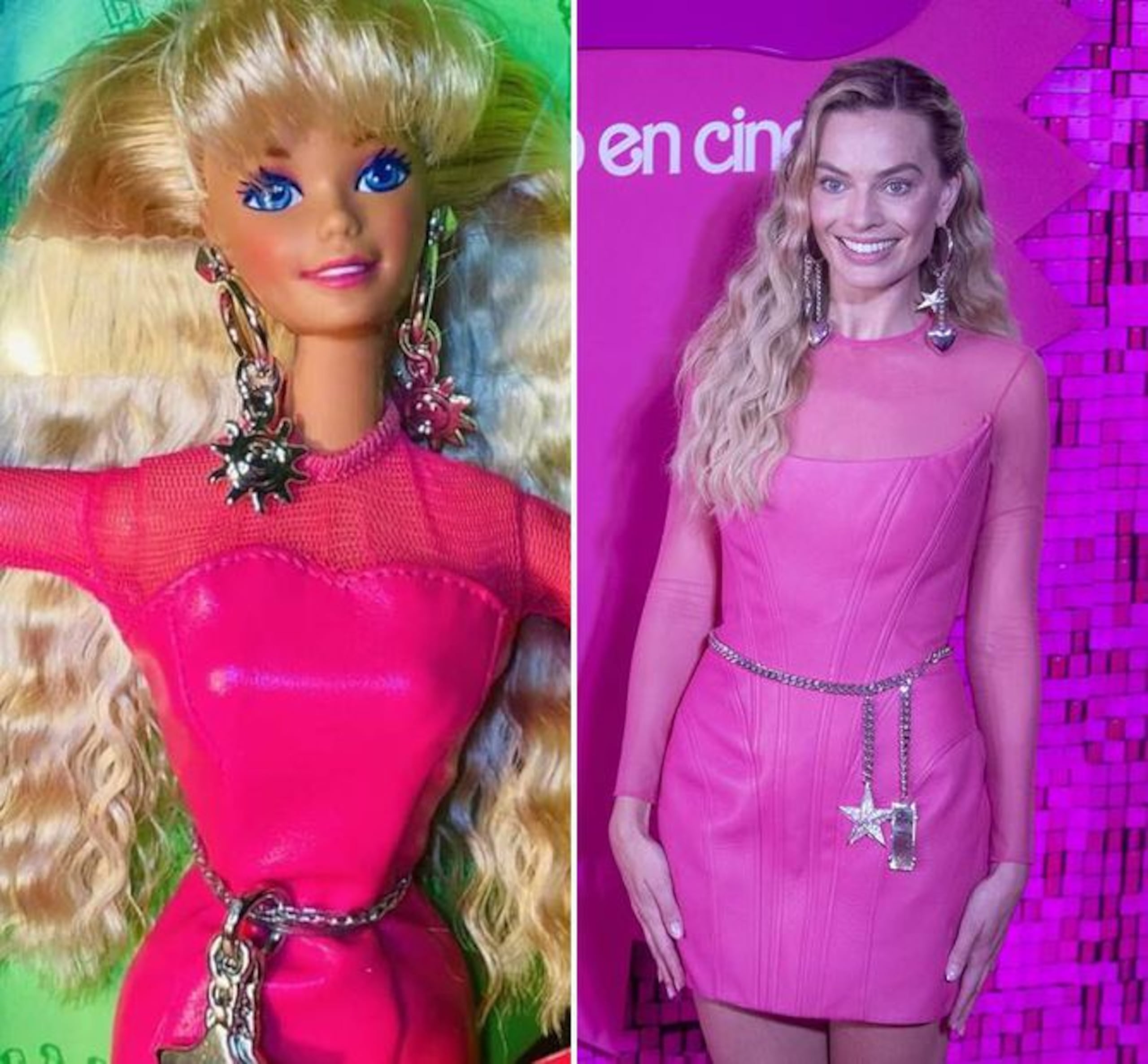 Margot Robbie desfiló por la alfombra rosa en México con un vestido como el de Barbie Magical Earrings, una edición de Mattel de 1992.