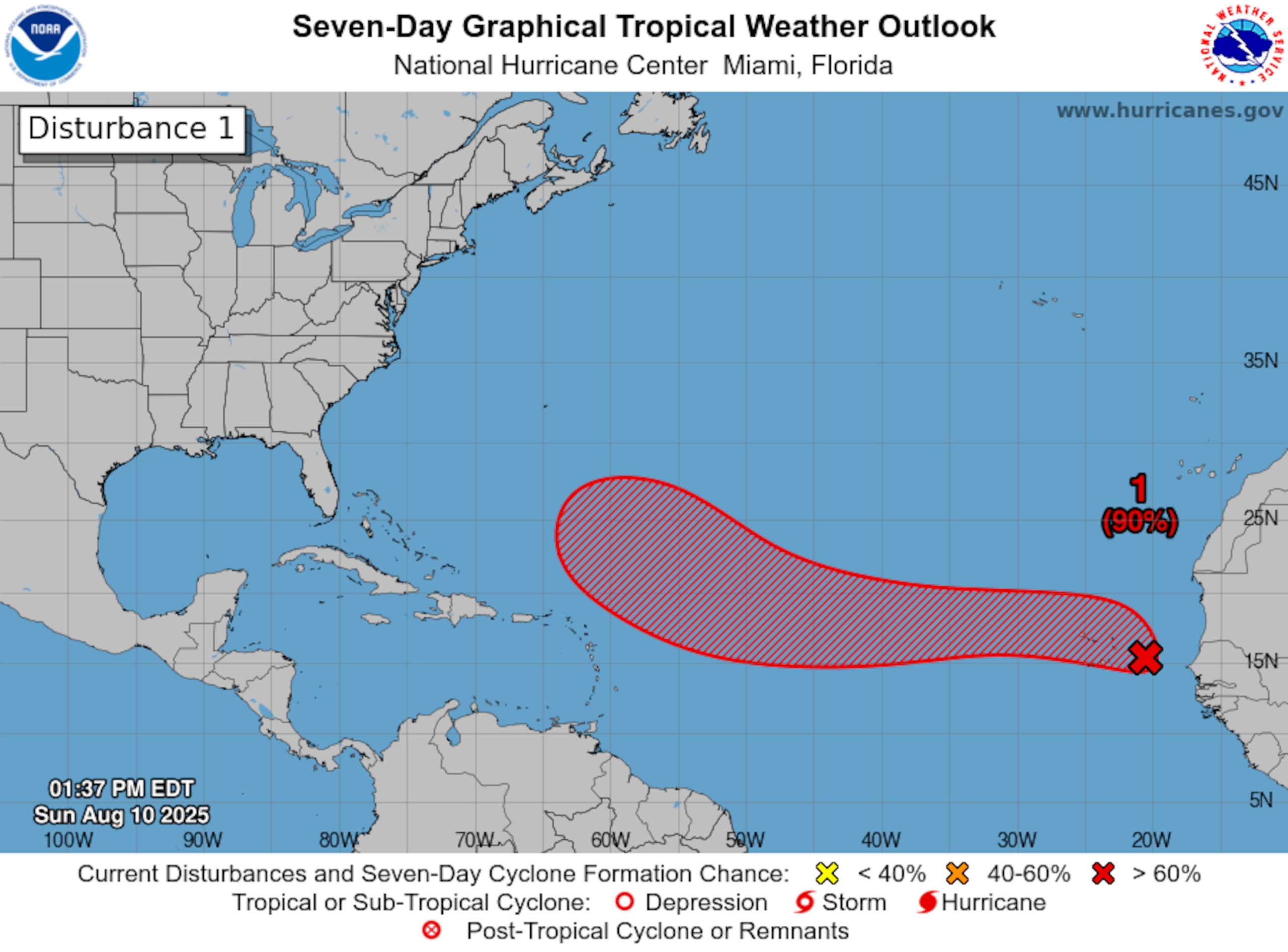 La onda tropical catalogada como el Invest 97L tiene una alta probabilidad de desarrollo ciclónico en los próximos siete días. (NOAA)