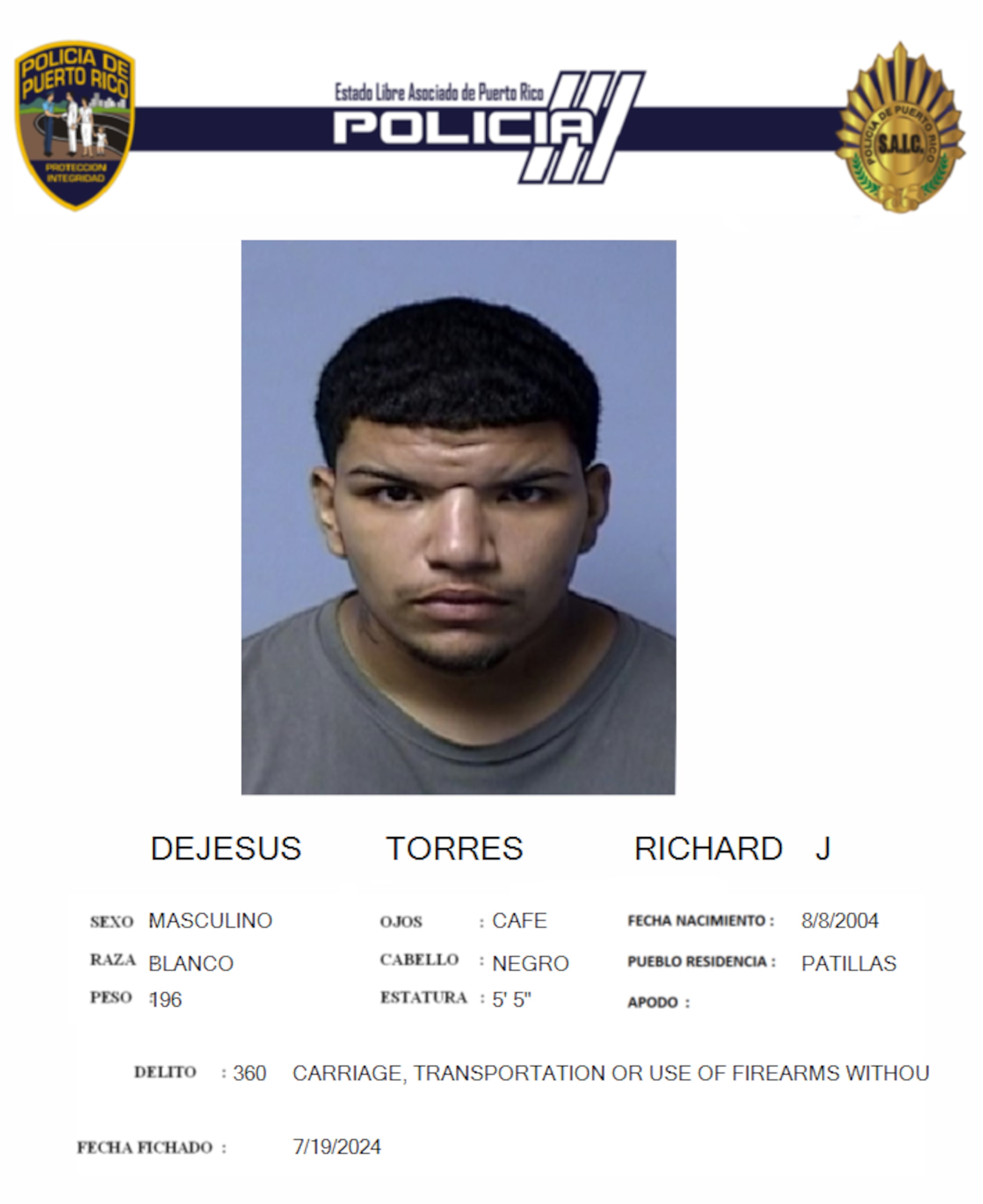 Richard J. De Jesús Torres fue acusado por presuntamente poseer un arma de fuego hurtada a un agente federal.