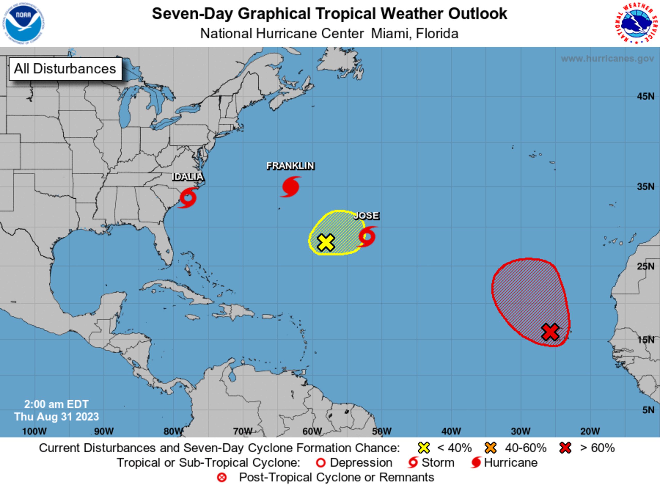 Sistemas atmosféricos actualmente en el Atlántico.