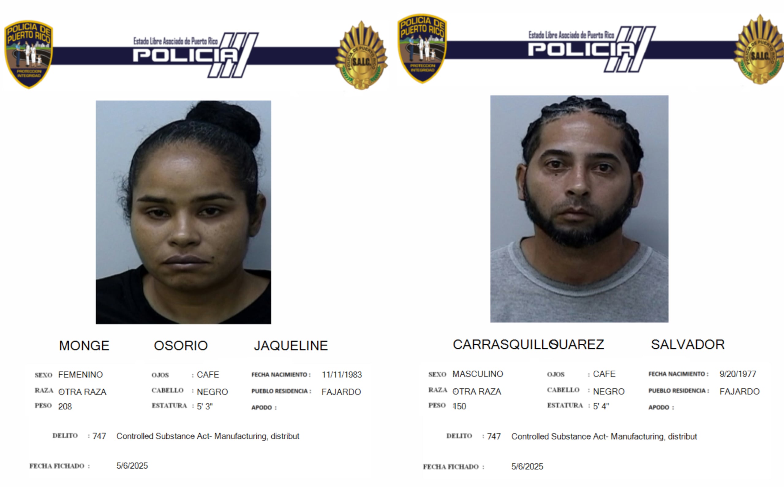 Los imputados fueron identificados como Salvador Carrasquillo Suárez, de 47 años, y Jaqueline Monje Osorio, de 41 años, ambos residentes del lugar.