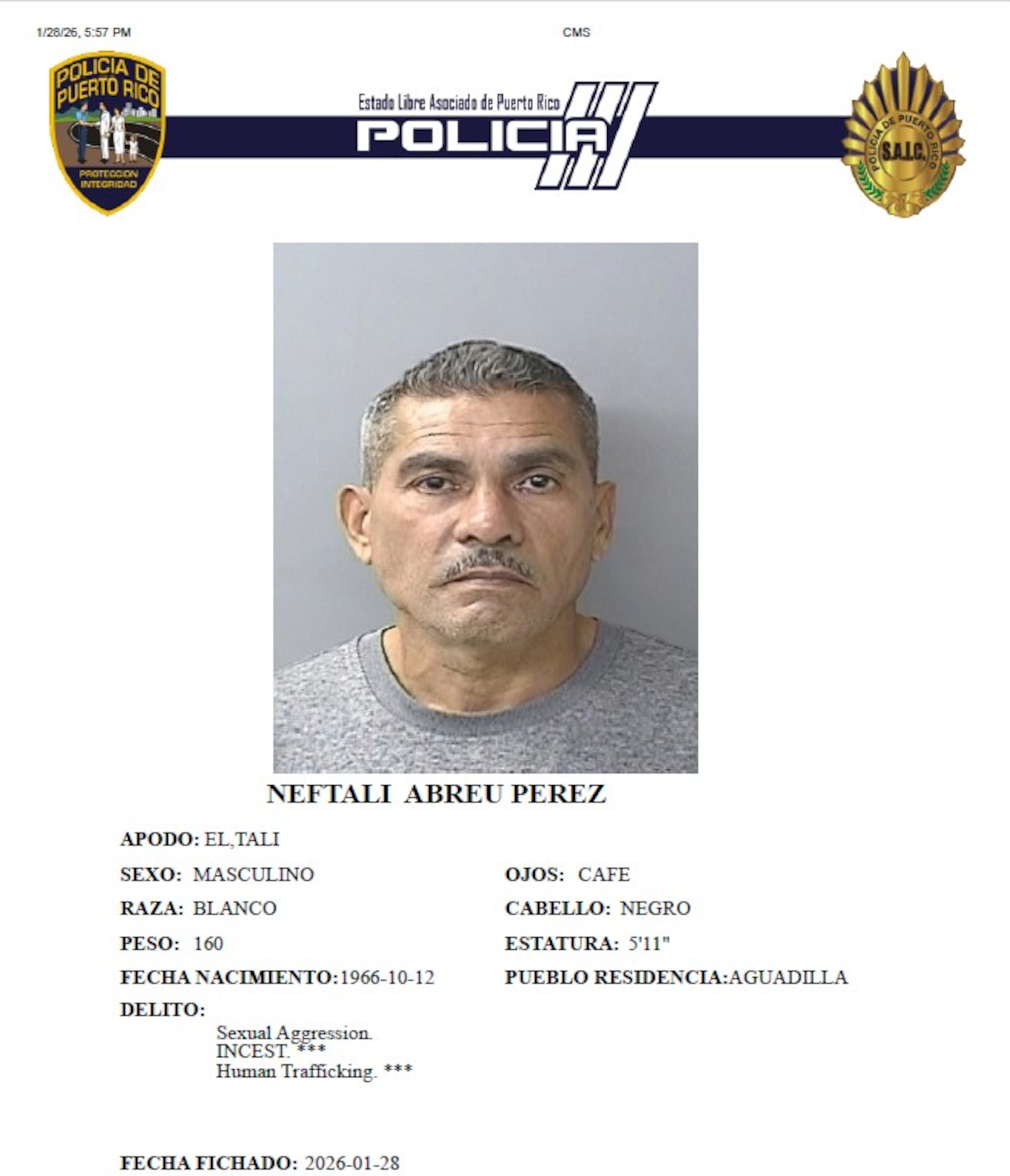 La vista preliminar contra Abreu Pérez fue señalada para el 12 febrero.