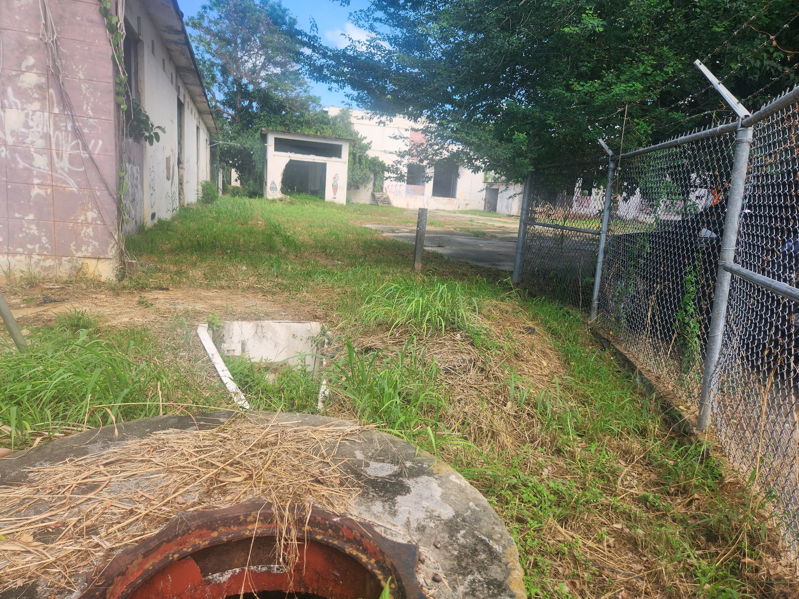 Las instalaciones de la Compañía de Fomento Industrial, a las que un residente hizo referencia, están con basura vegetal en su interior y hasta con un poste del tendido eléctrico sobre una de las estructuras.