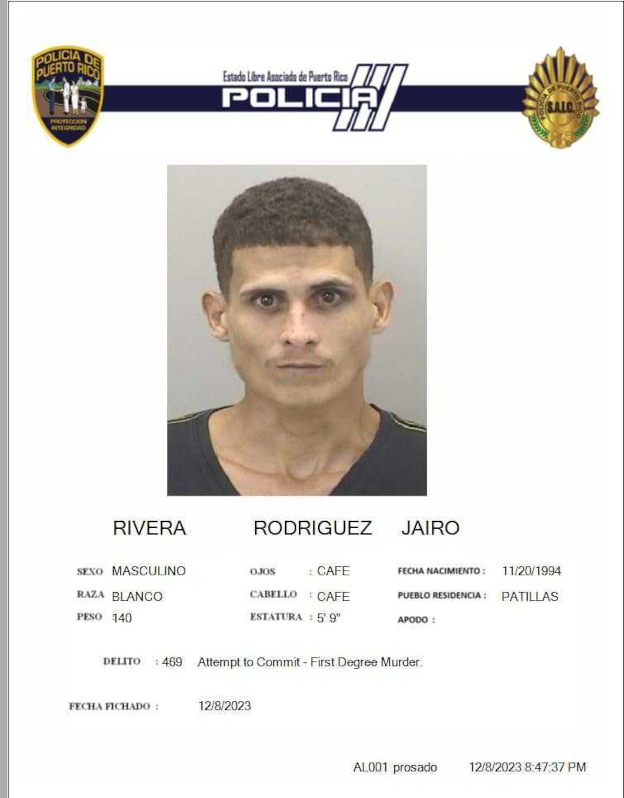 Jairo Rivera Rodríguez, sospechoso de asesinar al maestro retirado Fidencio Alicea Arroyo el 3 de diciembre de 2023 en Cayey.