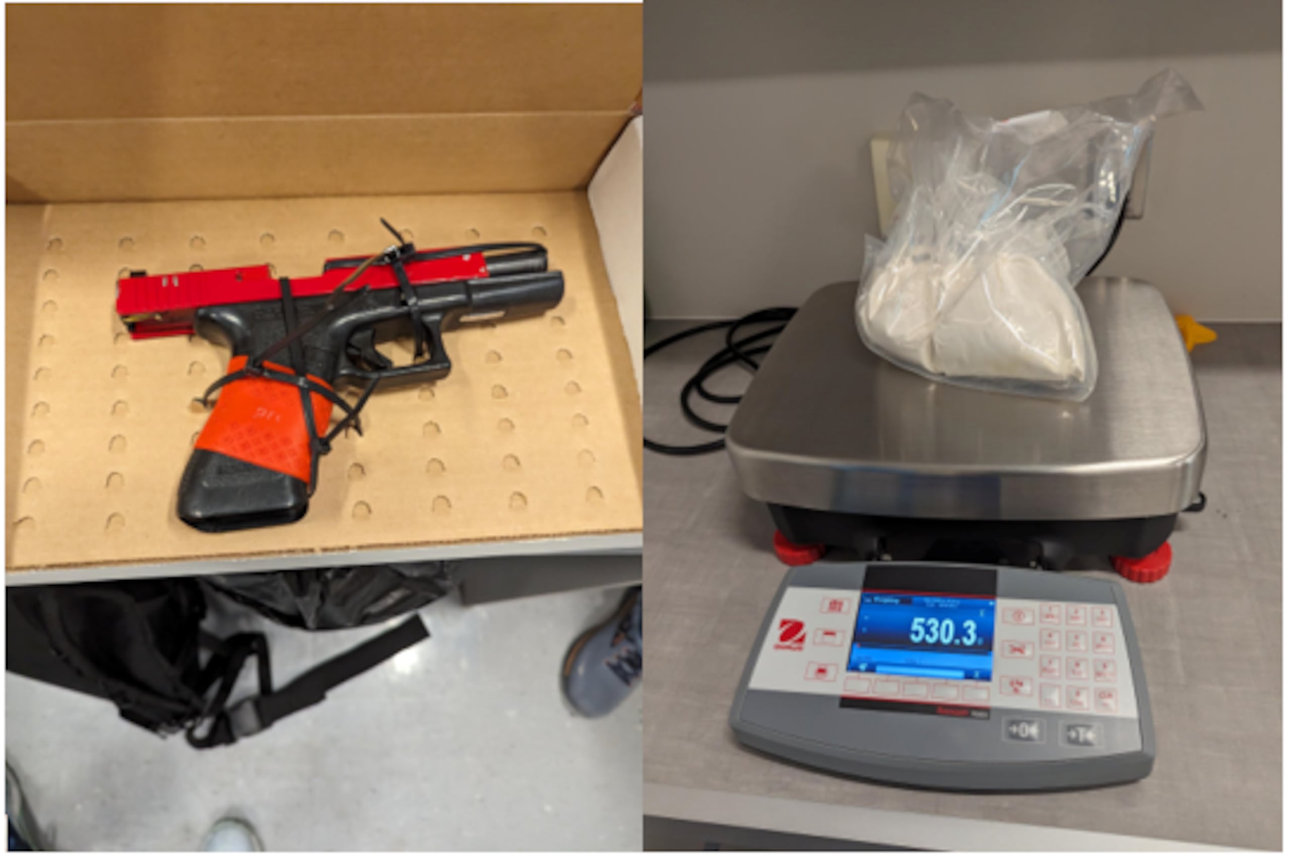 Una de las armas de fuego incautadas y una sustancia que dio positivo a fentanilo, en relación a los arrestos que diligenciaron el lunes las autoridades federales en Naranjito.