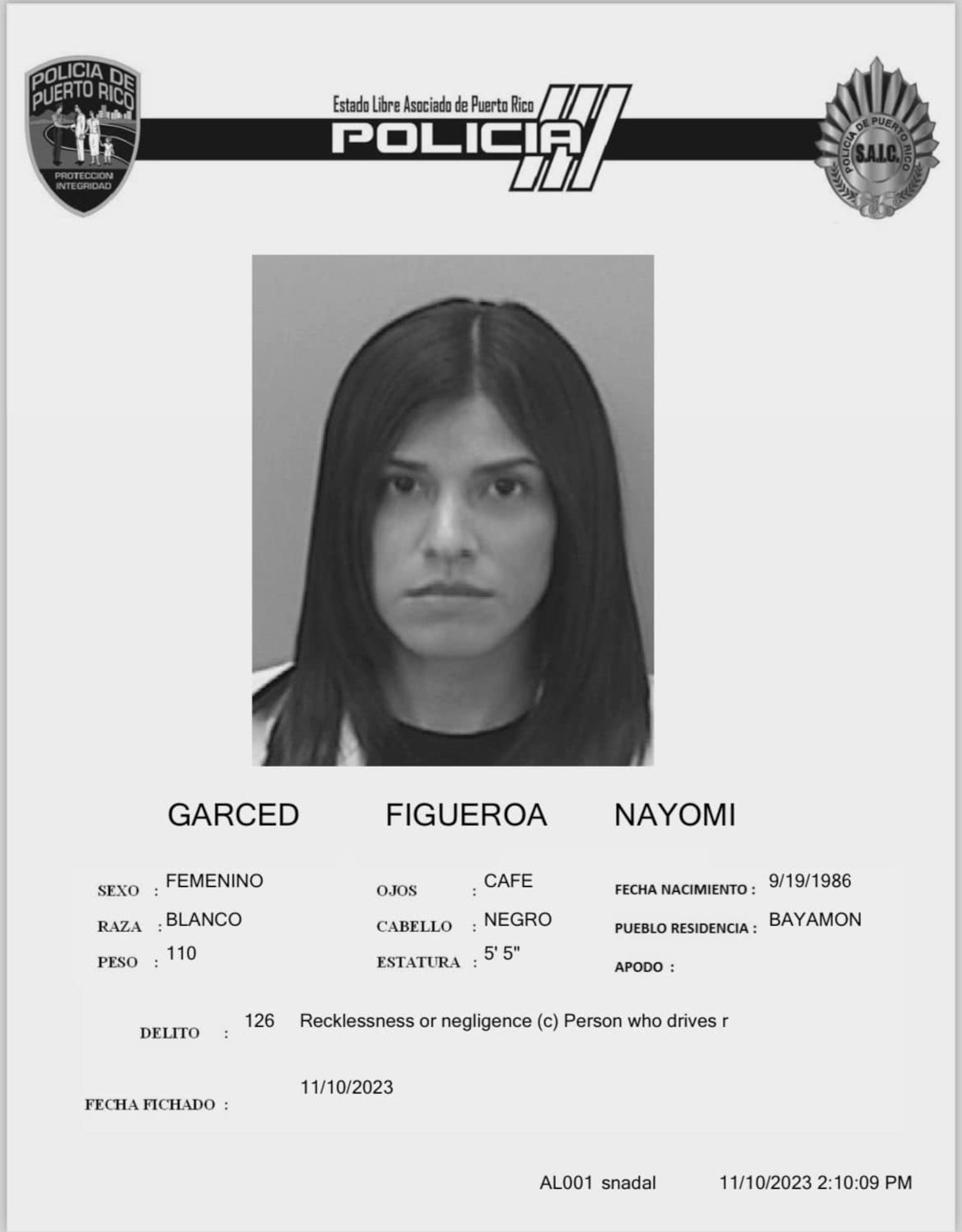 Ficha policíaca de la convicta, Nayomi Garced Figueroa, de 39 años y residente de Bayamón.