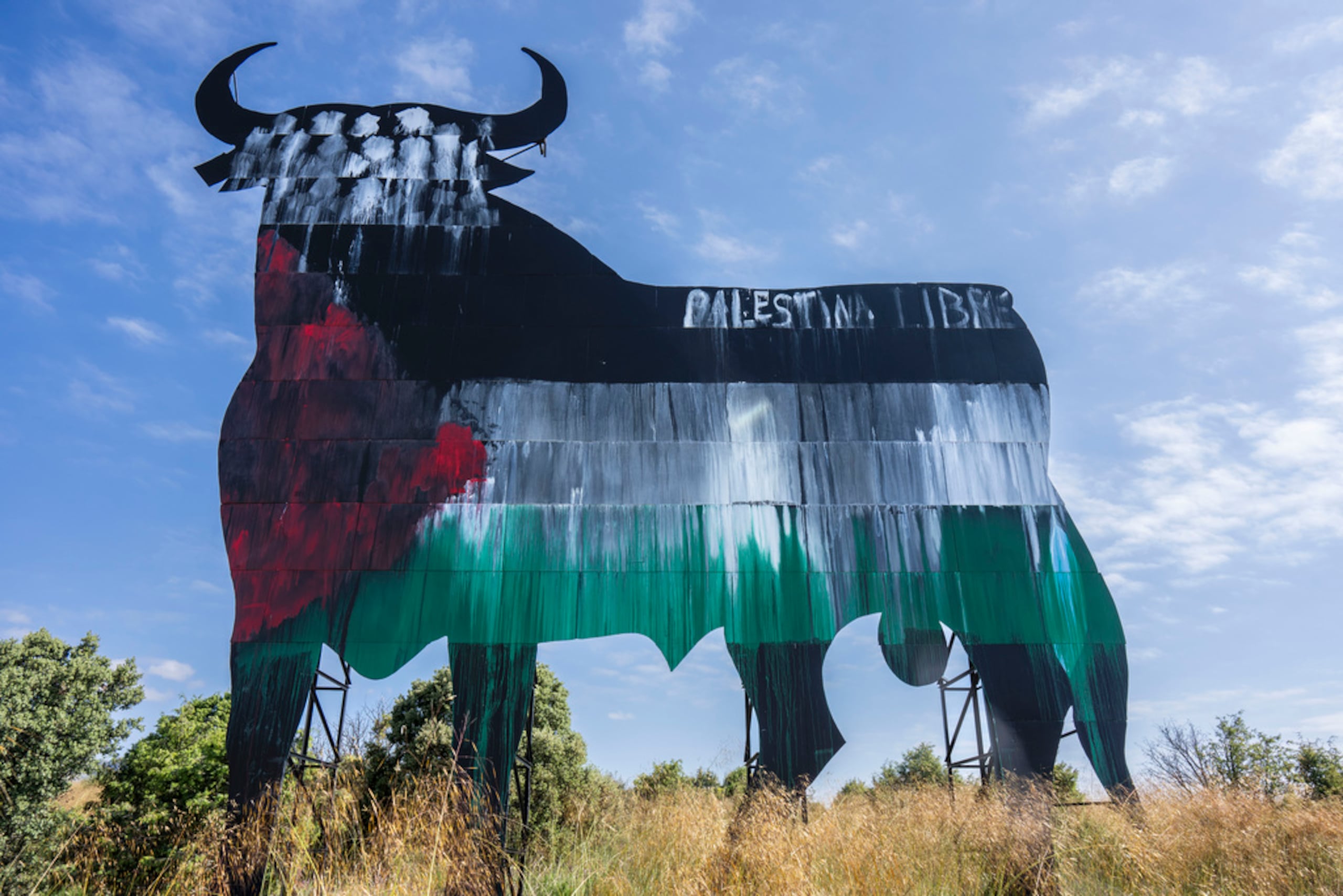 Un cartel con la silueta de un toro, pintado con los colores de la bandera palestina y la frase "Palestina libre", a las afueras de Madrid, el 28 de mayo de 2024.