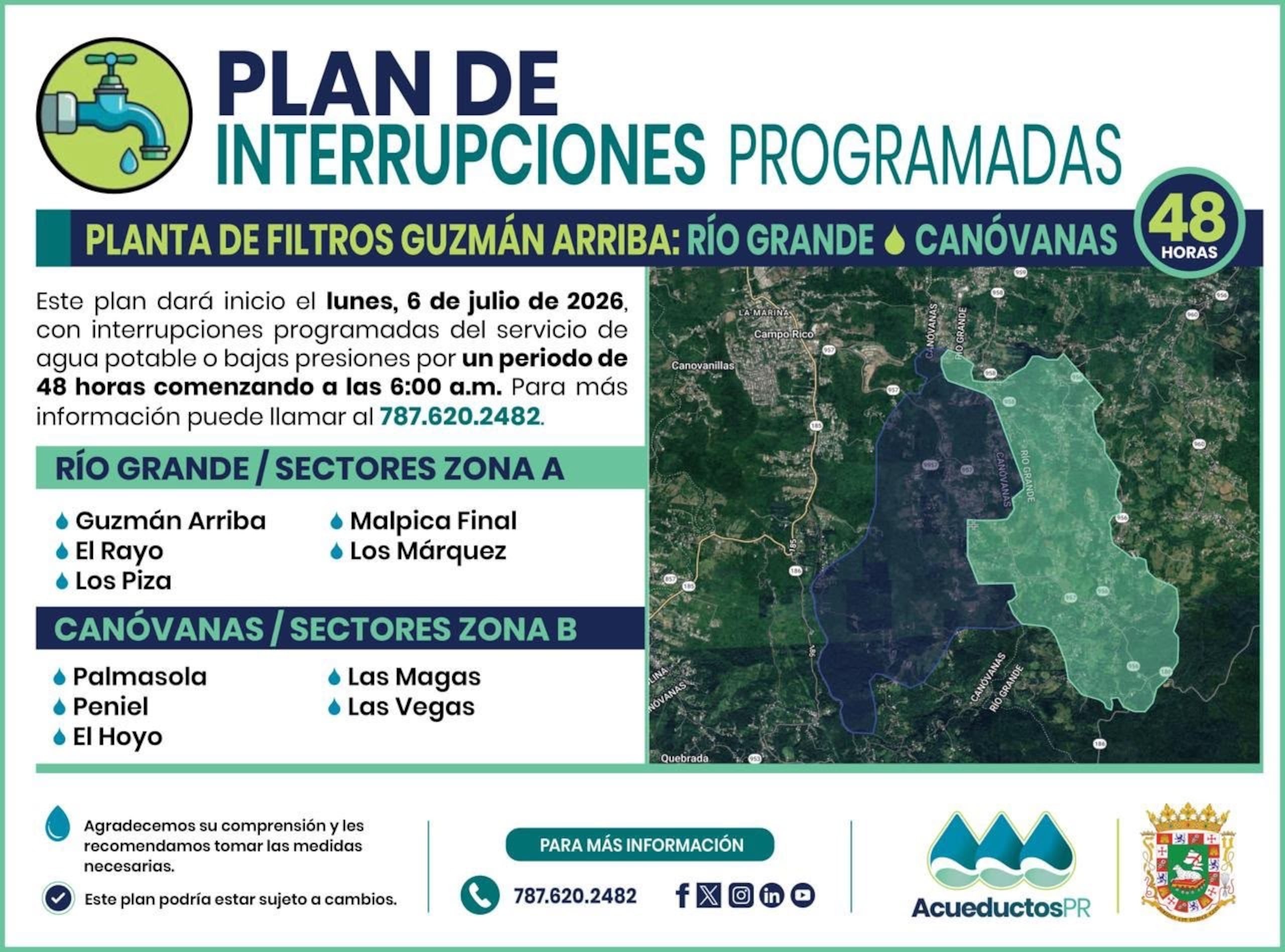 La gráfica muestra las zonas impactadas por el racionamiento de la AAA.