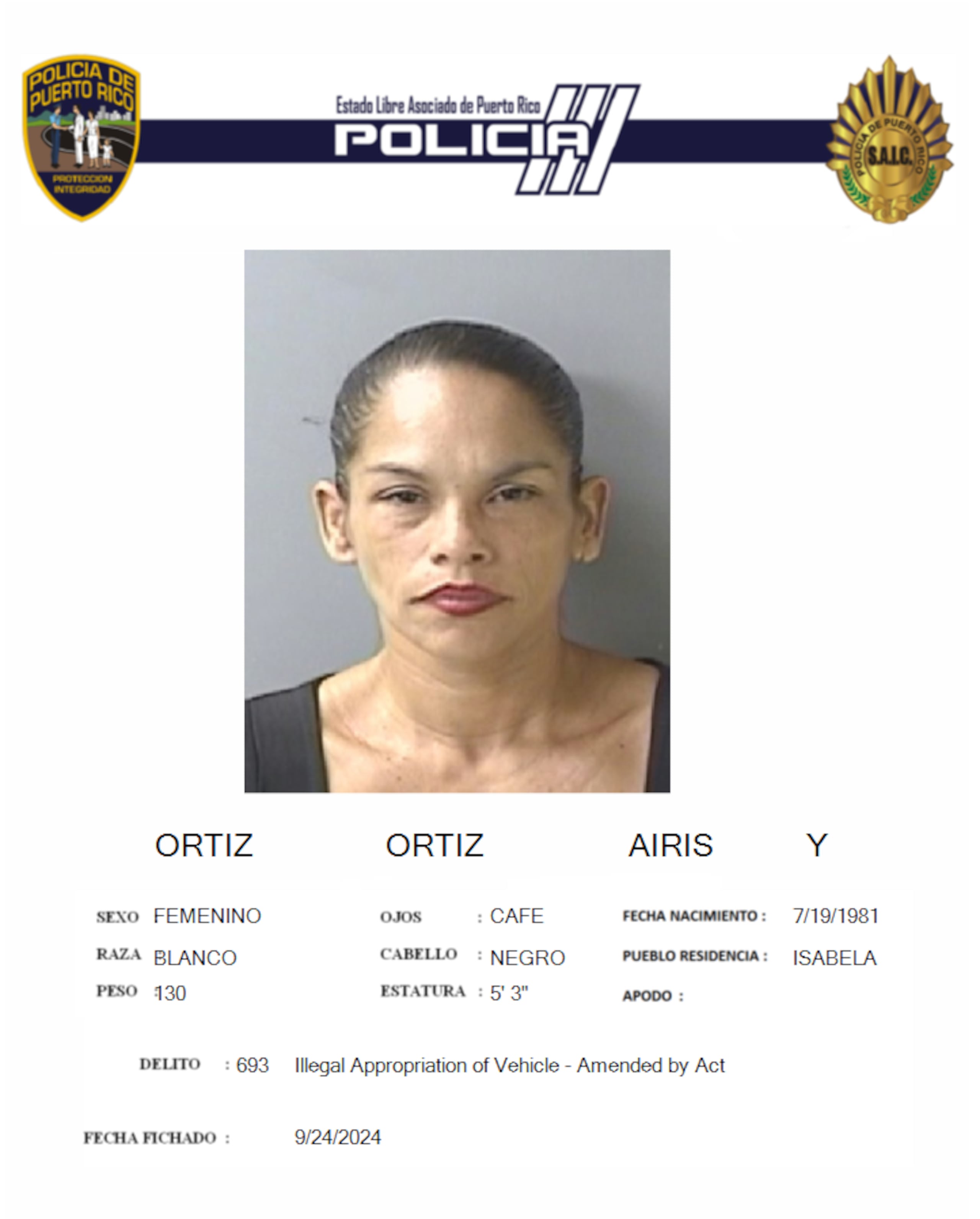 Airis Y. Ortiz Ortiz, enfrenta cargos por violación a la Ley 8 de Protección Vehicular.
