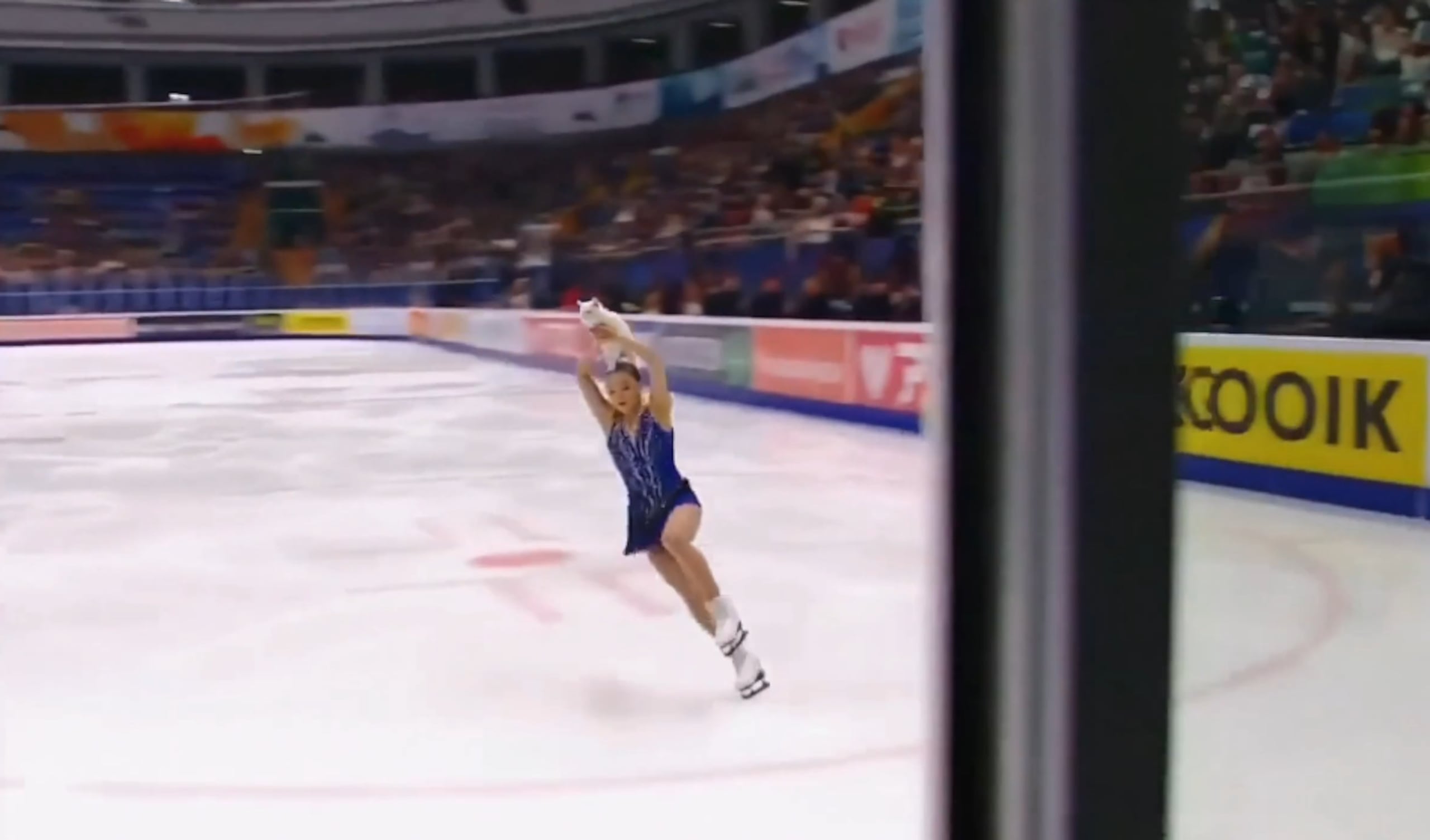 Una patinadora artística realiza un triple axel con un gato sobre la cabeza en un video generado por la plataforma de inteligencia artificial Sora, de la empresa OpenAI.