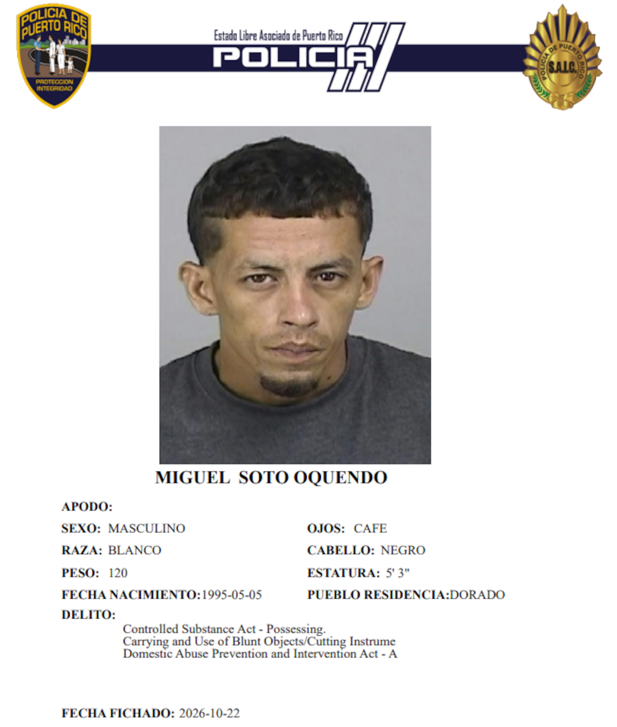 Ficha policíaca de Miguel Soto Oquendo.