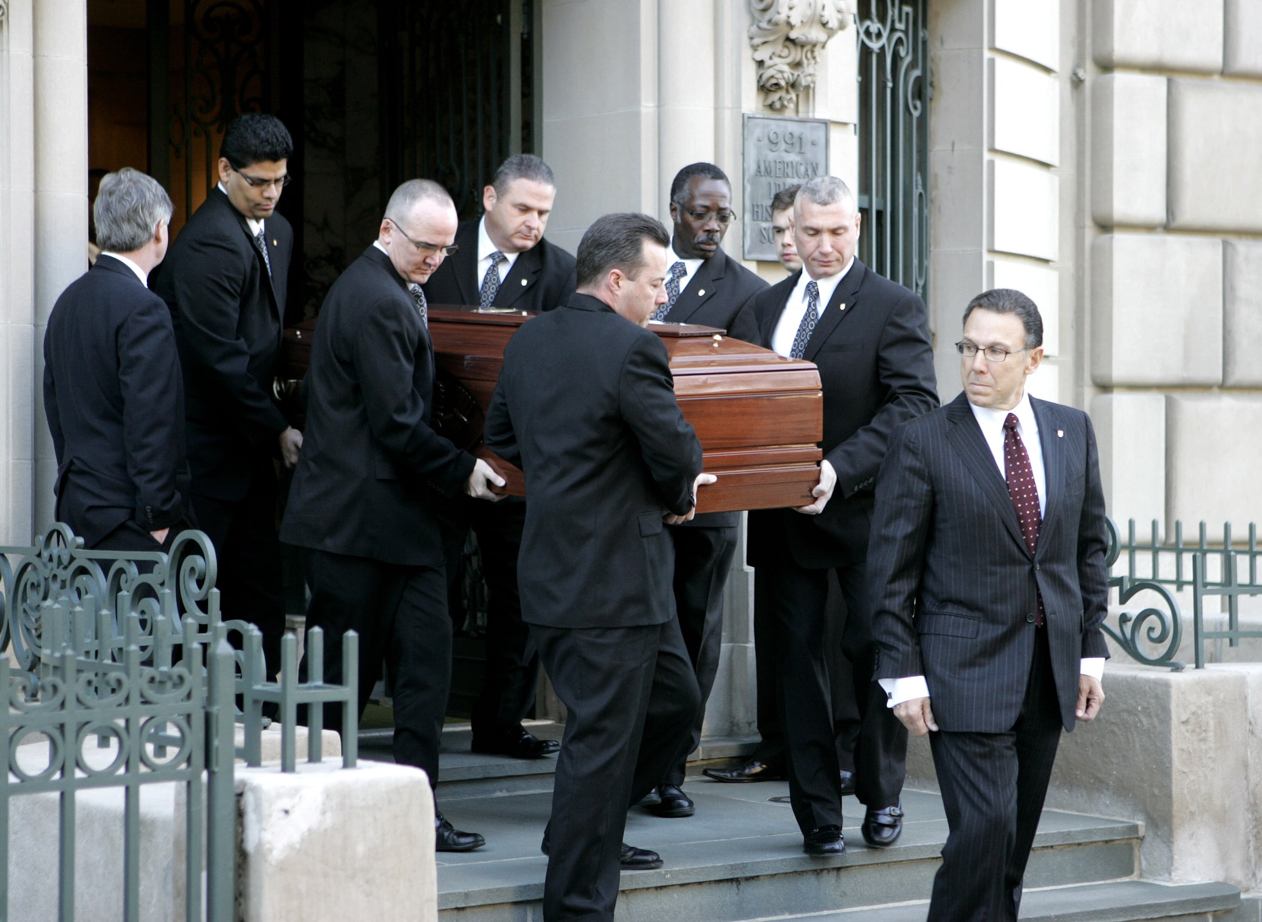 Pallbearers carry the casket of actress Natasha Richardson from the American Irish Historical Society in New York on Saturday, March  21,  2009.  (AP Photo/David Karp)