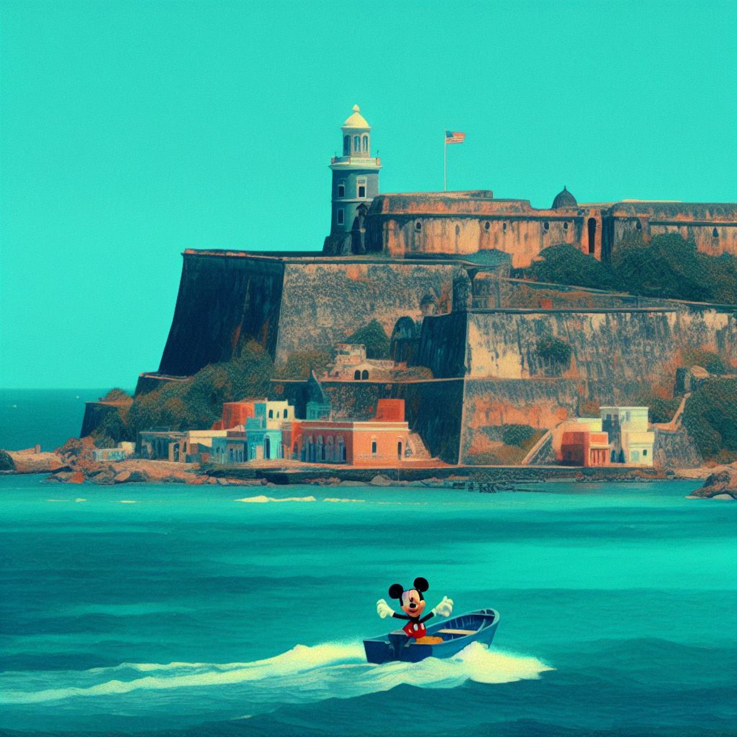 Esta imagen fue producida con el siguiente texto: "Genera una imagen al estilo Pixar de El Morro en Puerto Rico con Mickey Mouse".