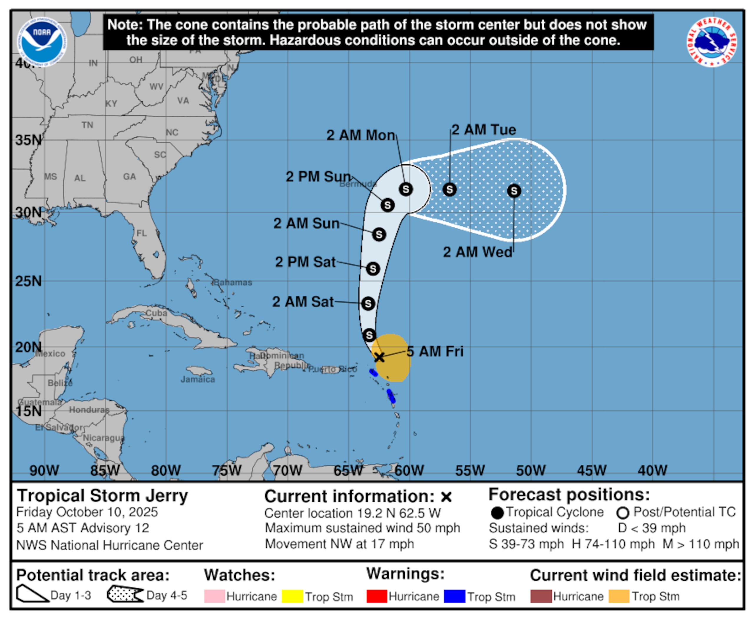 Pronóstico de la tormenta tropical Jerry emitido a las 5:00 a.m.