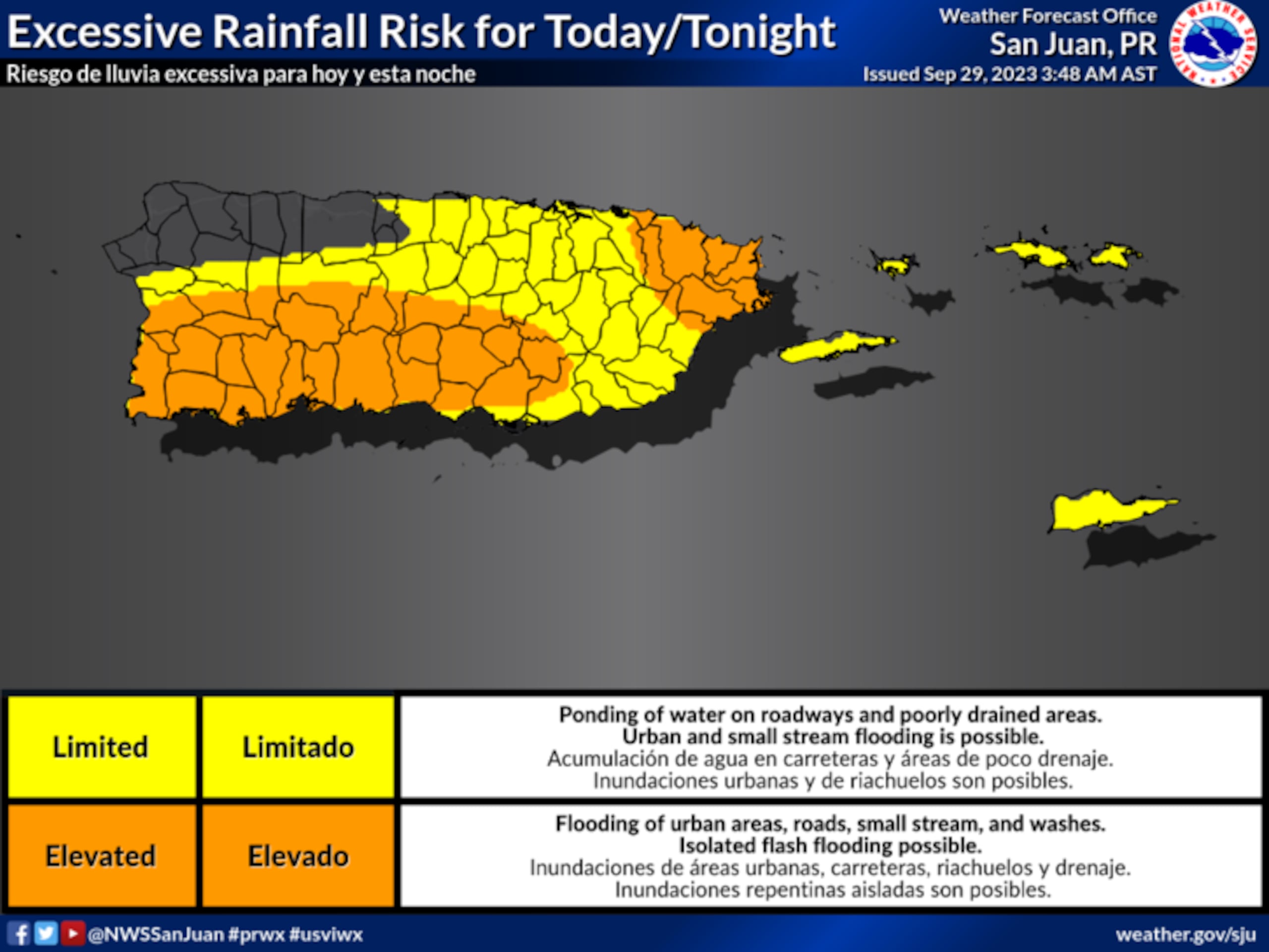 Riesgo de lluvia excesiva para hoy y esta noche, emitido por el Servicio Nacional de Meteorología en San Juan.