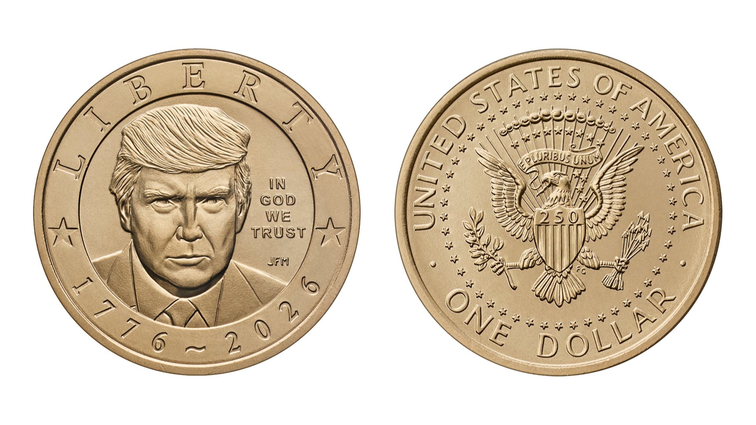 Fotografía divulgada en la cuenta oficial de X @SecScottBessent del secretario del Tesoro de Estados Unidos, Scott Bessent, que muestra el anverso y reverso de una moneda de oro conmemorativa de un dólar con el rostro del presidente Donald Trump. EFE/ @SecScottBessent