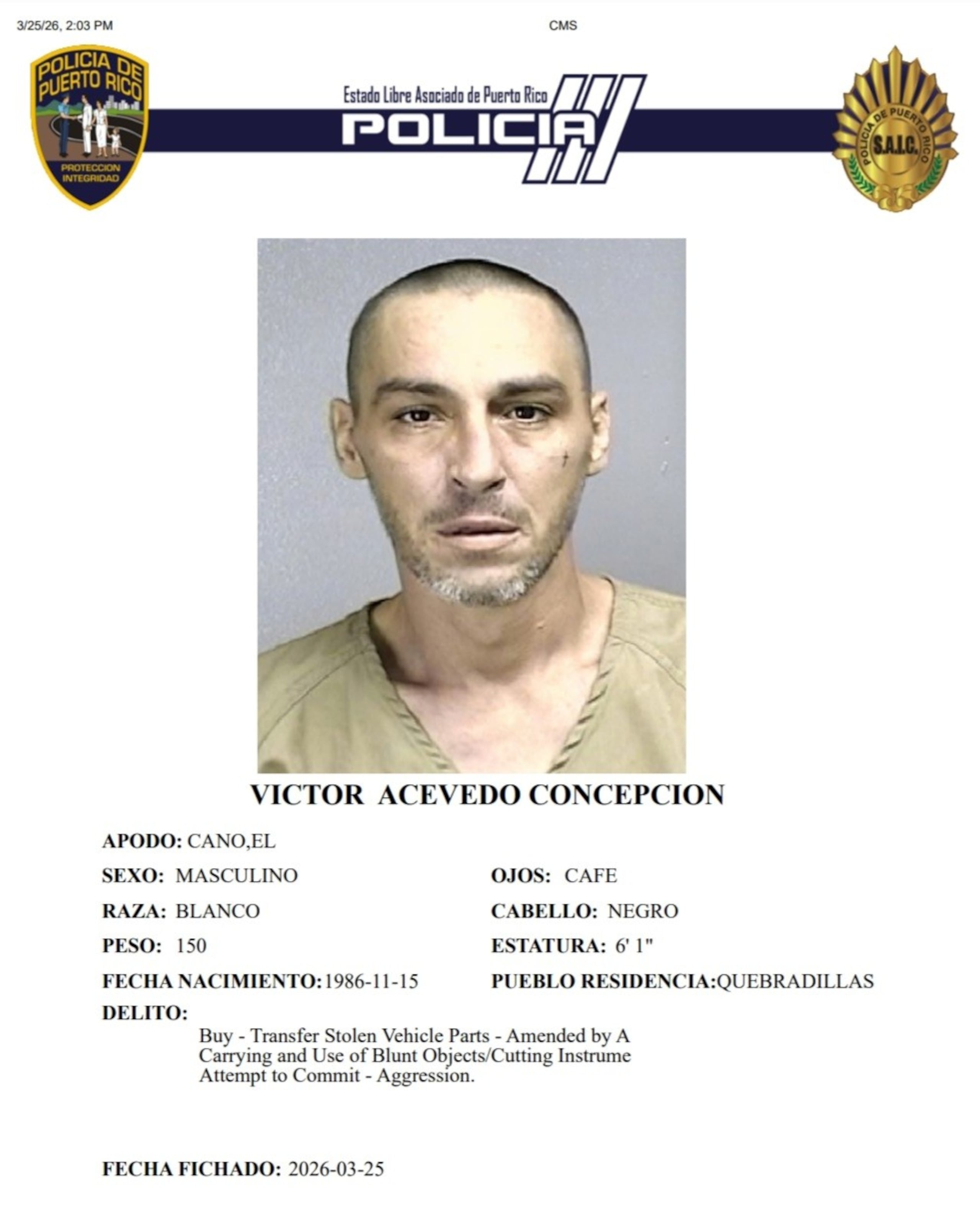 A Víctor Acevedo Concepción le radicaron cargos agresión grave contra agentes del orden público, posesión de un vehículo hurtado y violación a la Ley de Armas.