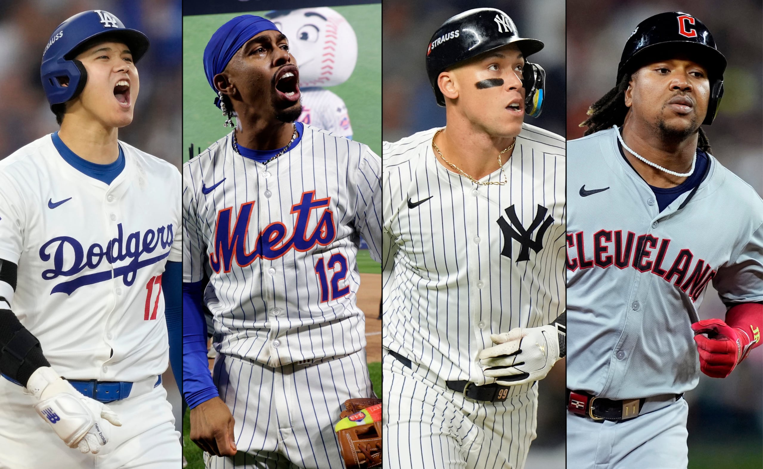 De izquierda a derecha: Shohei Ohtani, de los Dodgers de Los Ángeles; Francisco Lindor, de los Mets de Nueva York; Aaron Judge, de los Yankees de Nueva York; y José Ramírez, de los Guardians de Cleveland.