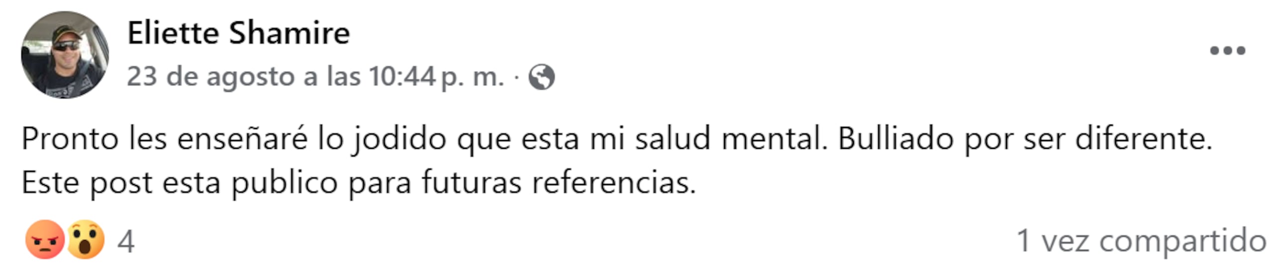 Mensaje publicado por Eliette Shamire De Jesús Márquez en Facebook.