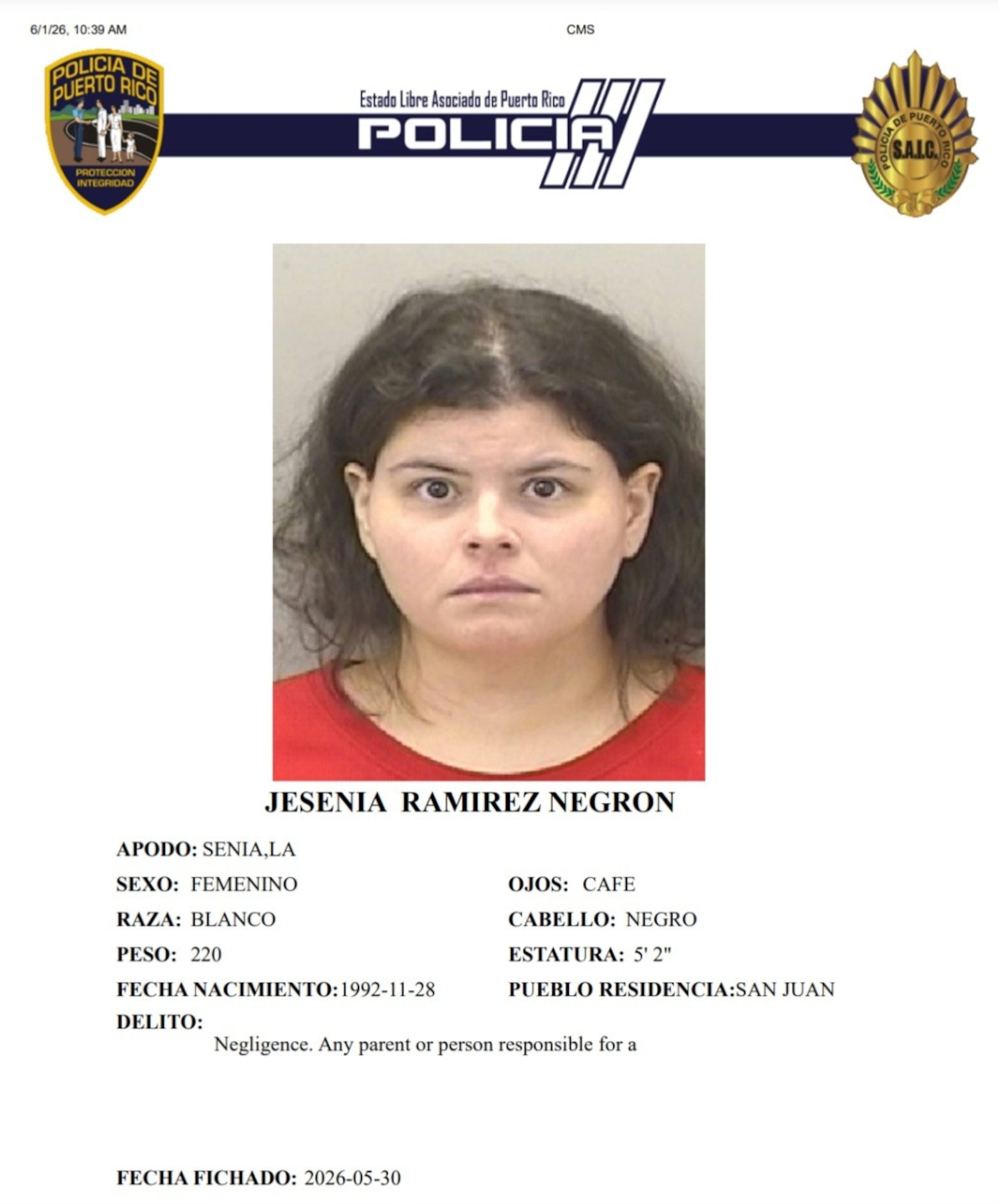Jesenia Ramírez Negrón, enfrenta cargos por negligencia al dejar a su hijo y mascota solos en un automóvil.