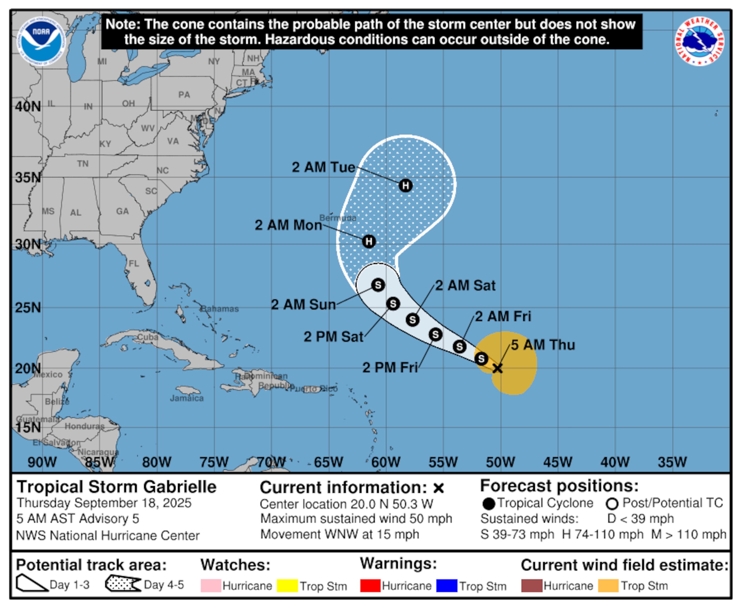 La tormenta tropical Gabrielle y su trayectoria pronosticada. (NOAA)