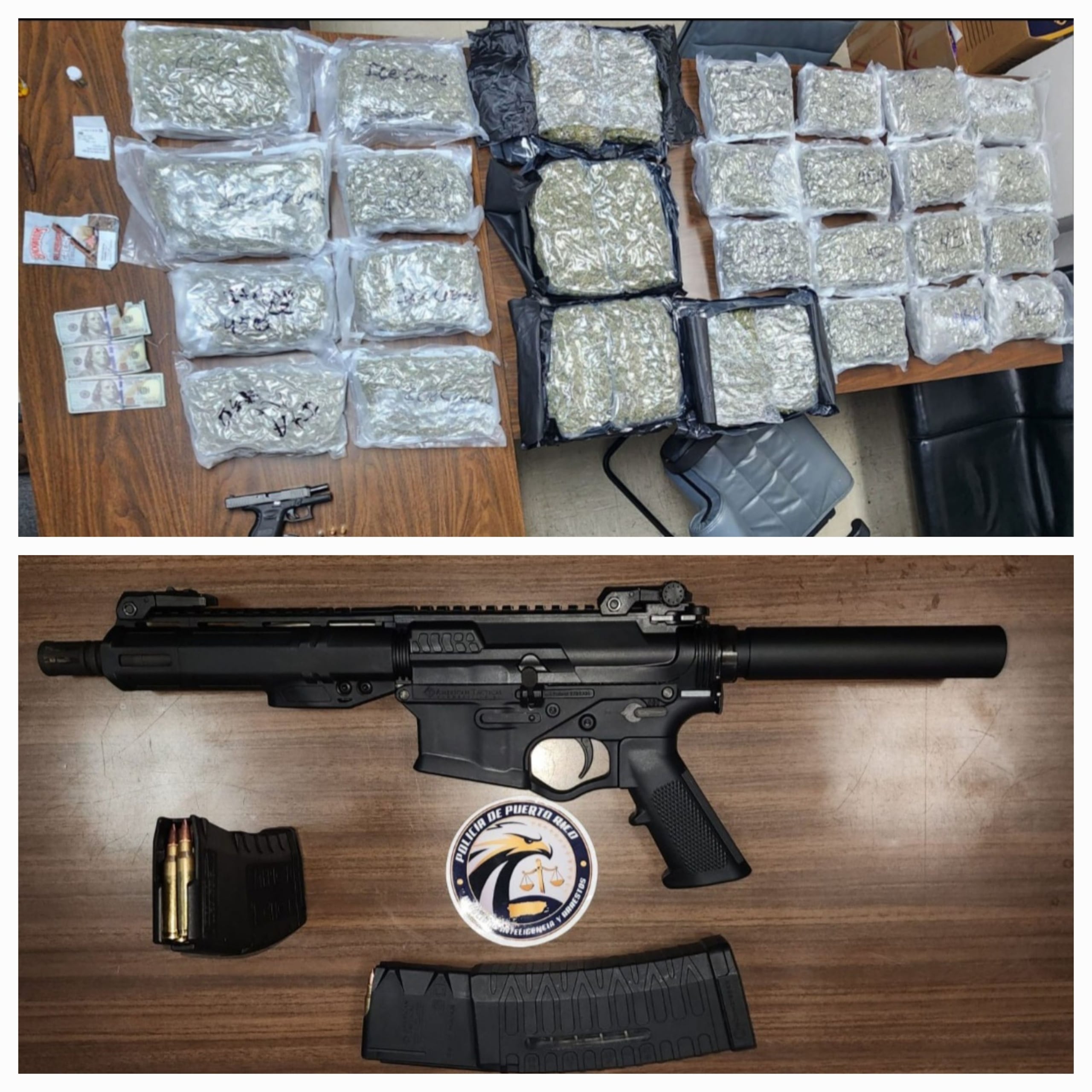 Fotos de las 31 libras de marihuana y un arma de fuego ocupadas en una guagua que transitaba por el expreso Román Baldirioty de Castro, en Carolina.