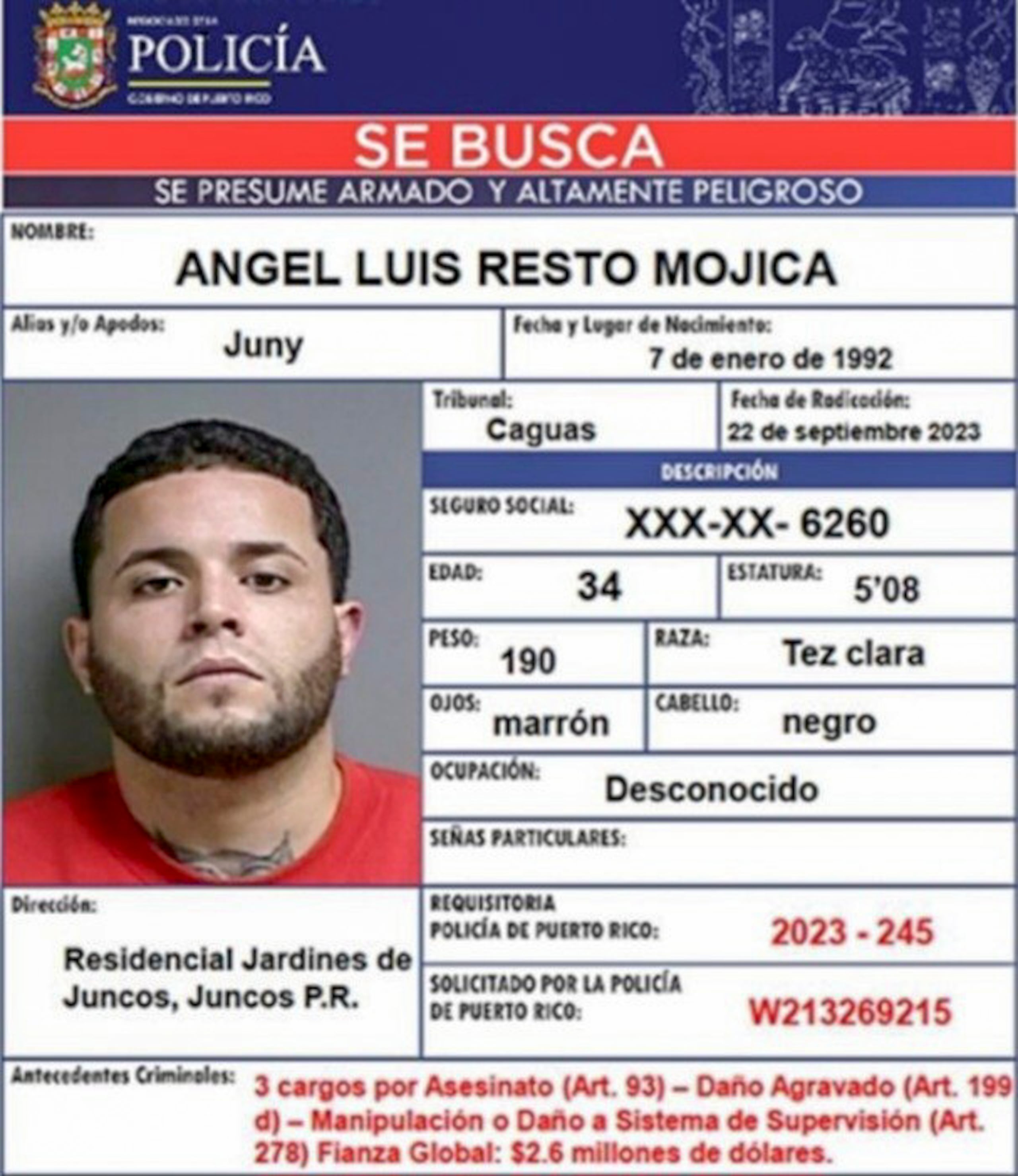 Ángel Luis Resto Mojica, conocido en el género urbano como K-Drian es buscado por las autoridades con relación a cinco asesinatos en el área este.