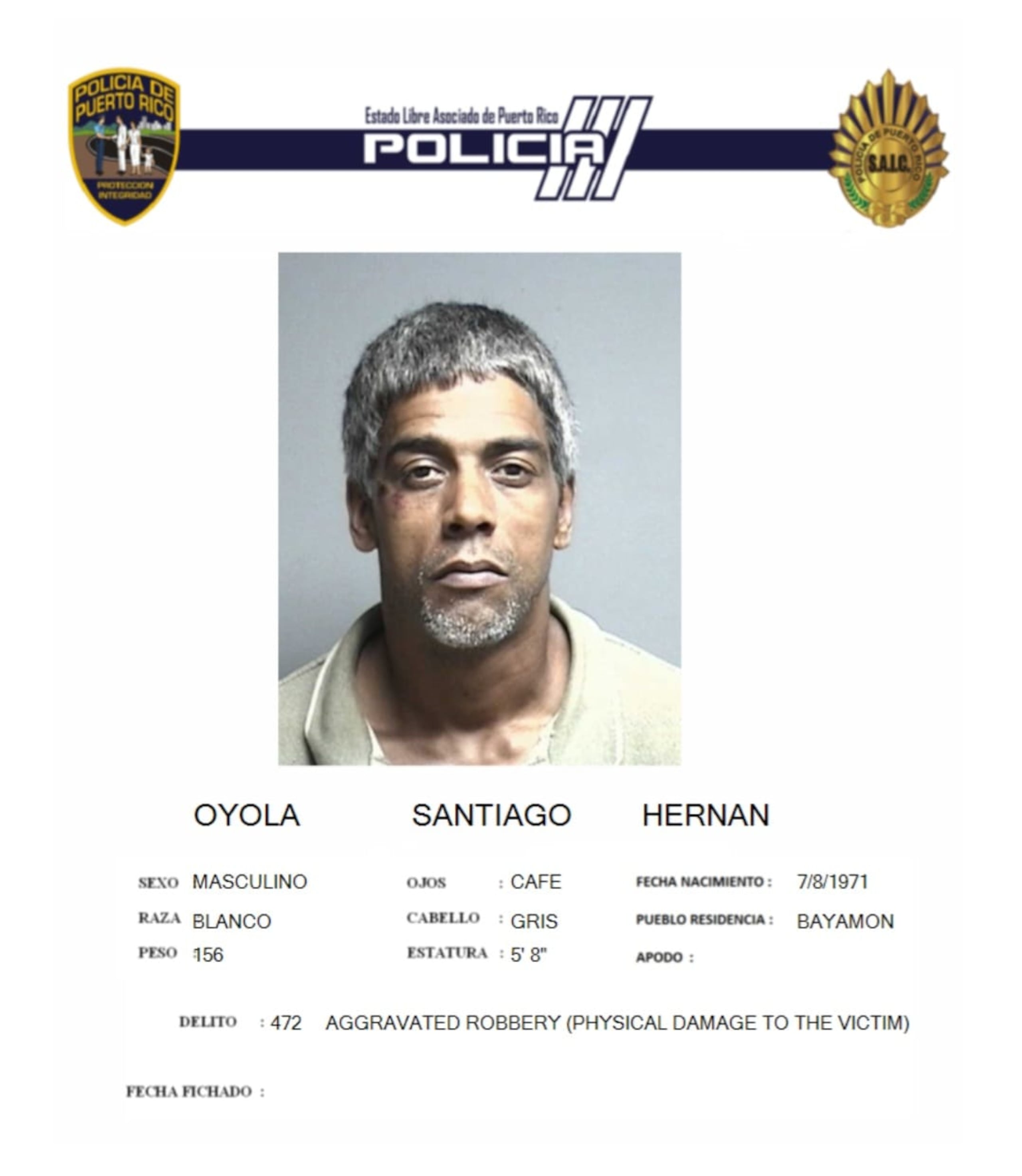 Ficha policial del sospechoso, Hernán Oyola Santiago, de 53 años.