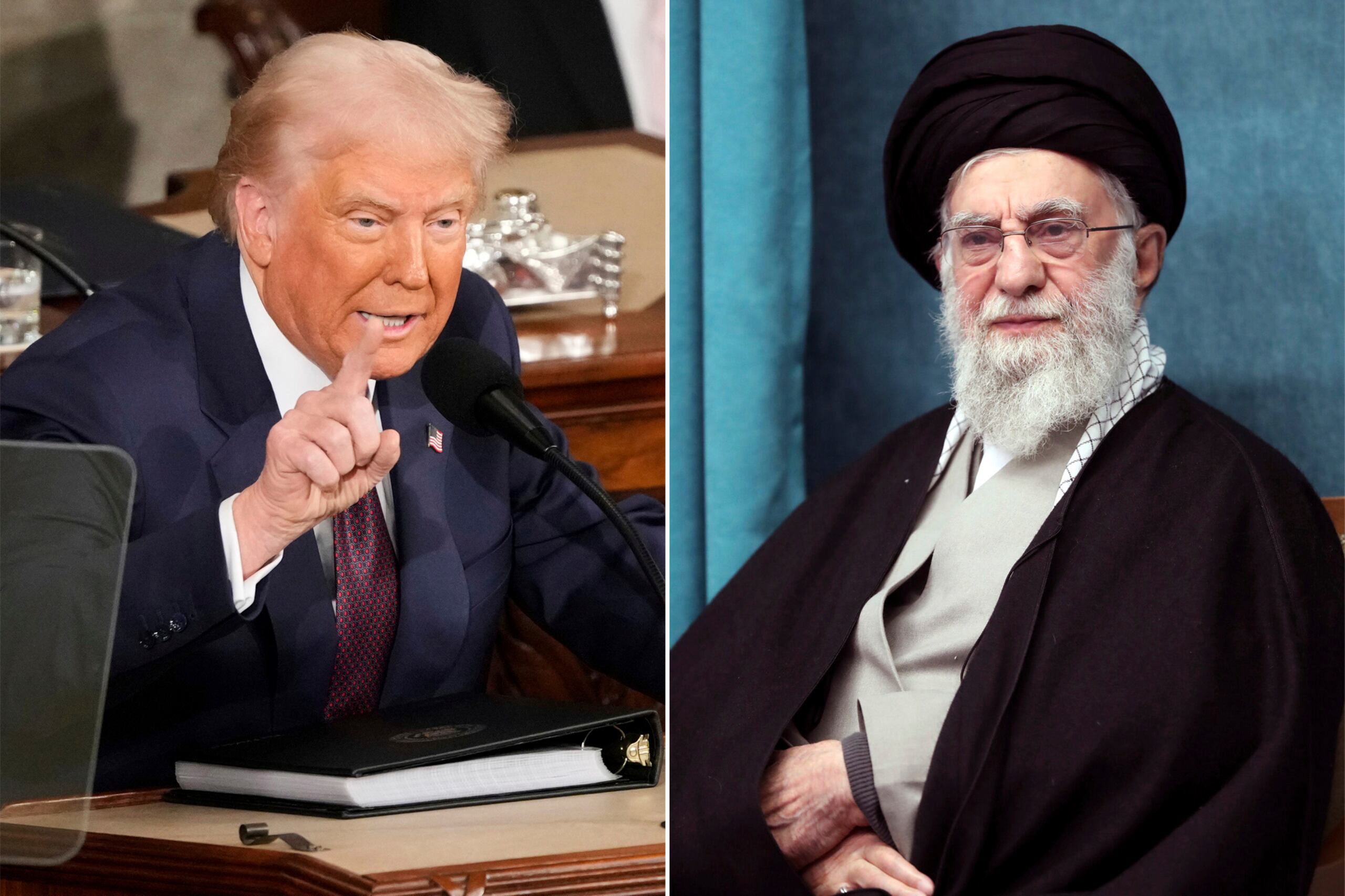 Esta imagen combinada muestra al presidente de Estados Unidos, Donald Trump, a la izquierda, dirigiéndose a un pleno del Congreso en el Capitolio, en Washington, el 4 de marzo de 2025, y una imagen del líder supremo de Irán, el ayatolá Alí Jamenei.