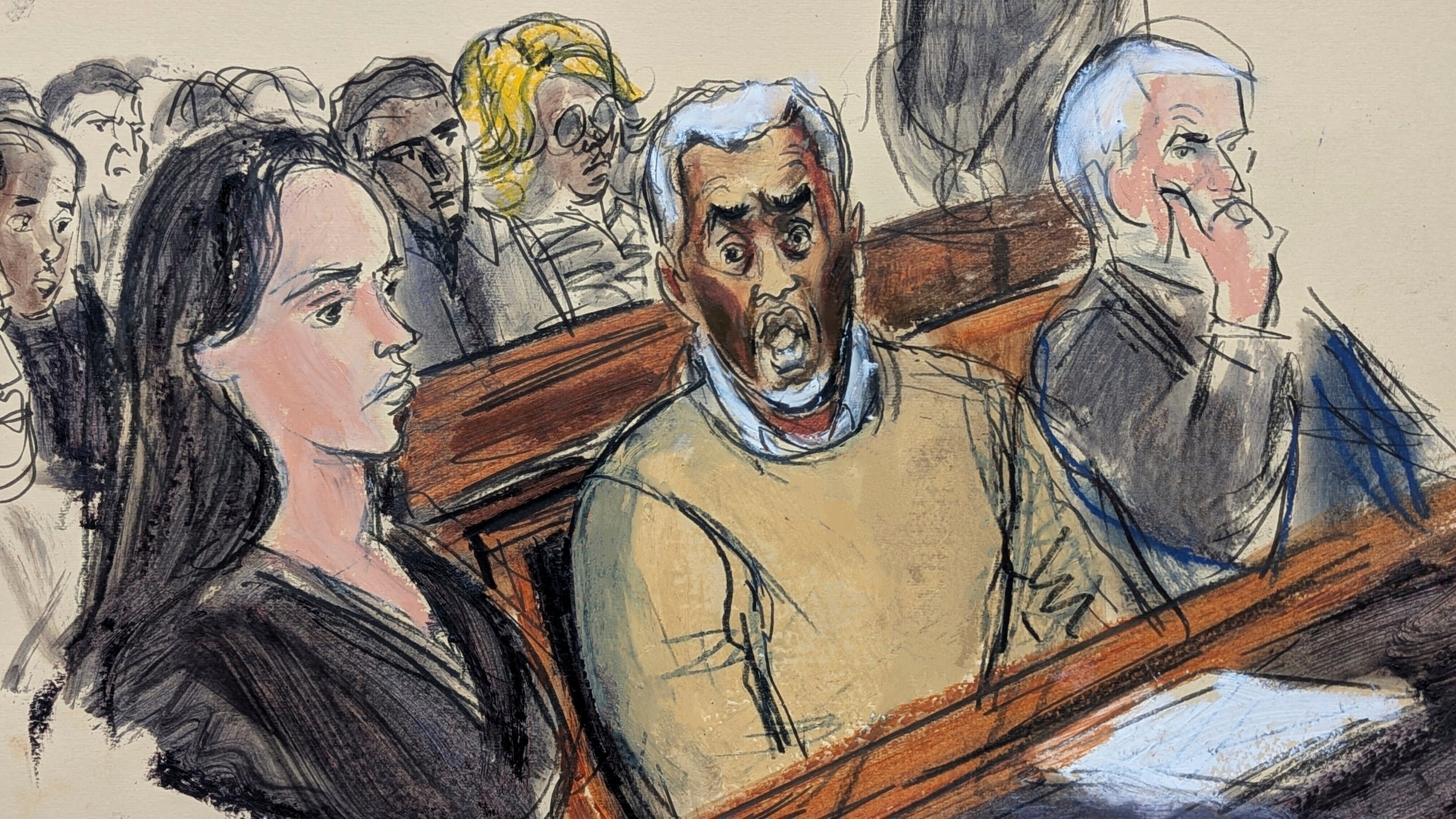 En esta caricatura de la sala del tribunal, flanqueado por los abogados defensores Teny Geragos, a la izquierda, y Brian Steel, a la derecha, Sean "Diddy" Combs, en el centro, reacciona después de que se le negara la libertad bajo fianza por delitos relacionados con la prostitución, el 2 de julio de 2025, en el tribunal federal de Manhattan en Nueva York. (Elizabeth Williams via AP, archivo)