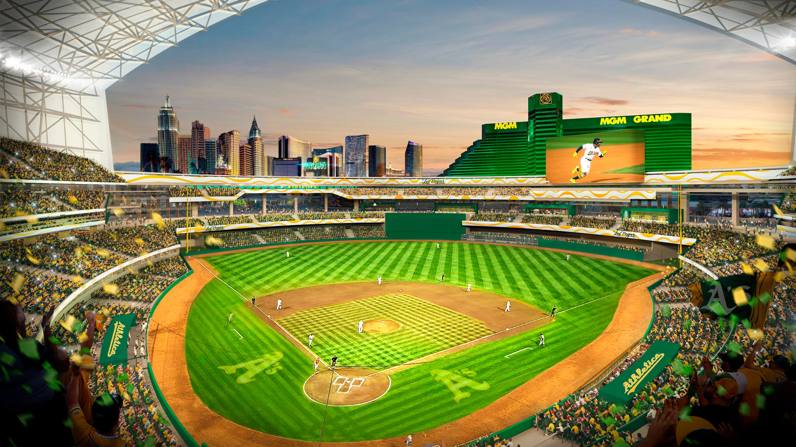 Esta imagen generada por computadora y distribuida por los Atléticos de Oakland el 26 de mayo de 2023, muestra el diseño propuesto para su parque en Las Vegas.