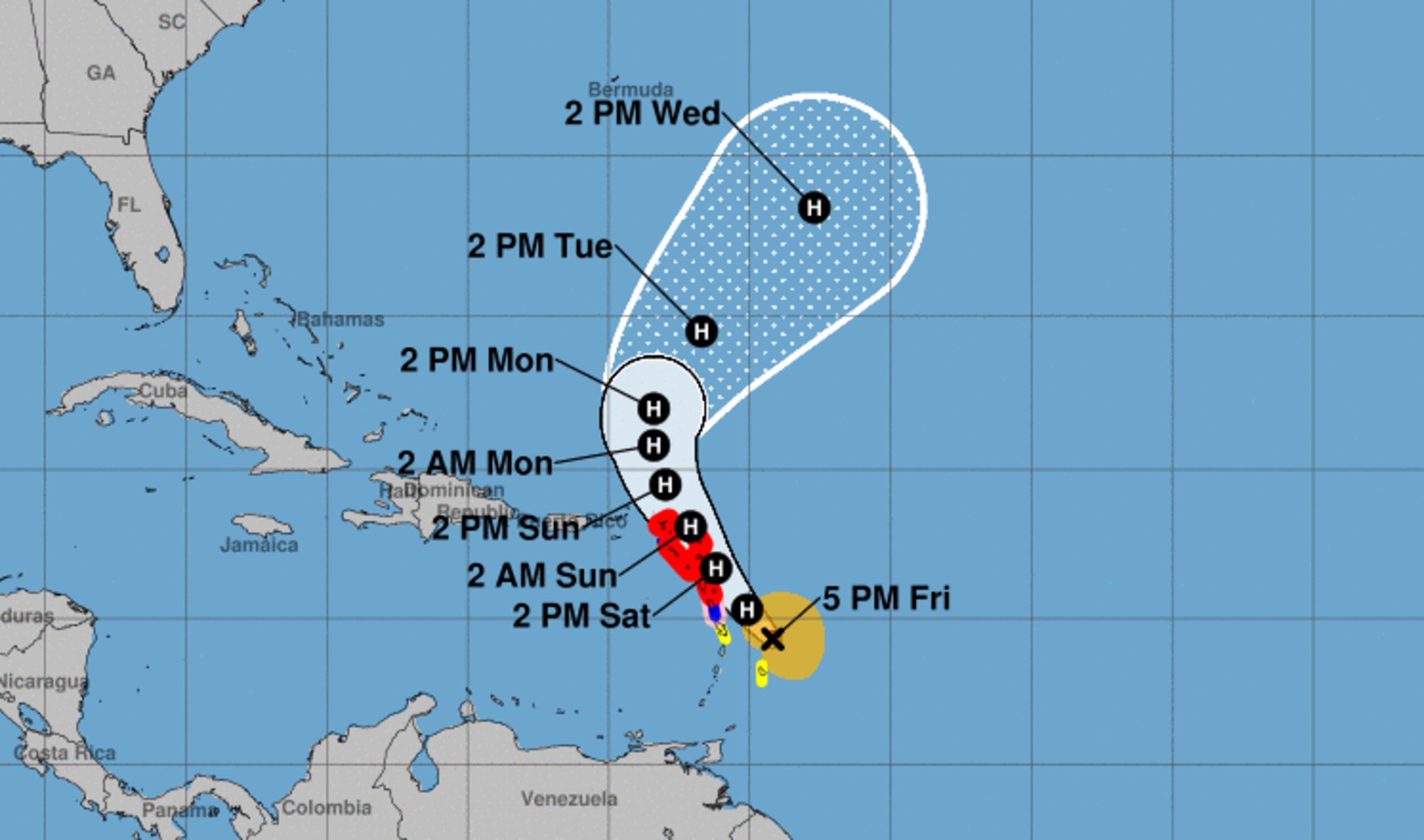 Posible trayectoria del huracán Tammy trazada por el Centro Nacional de Huracanes a las 5:00 p.m.