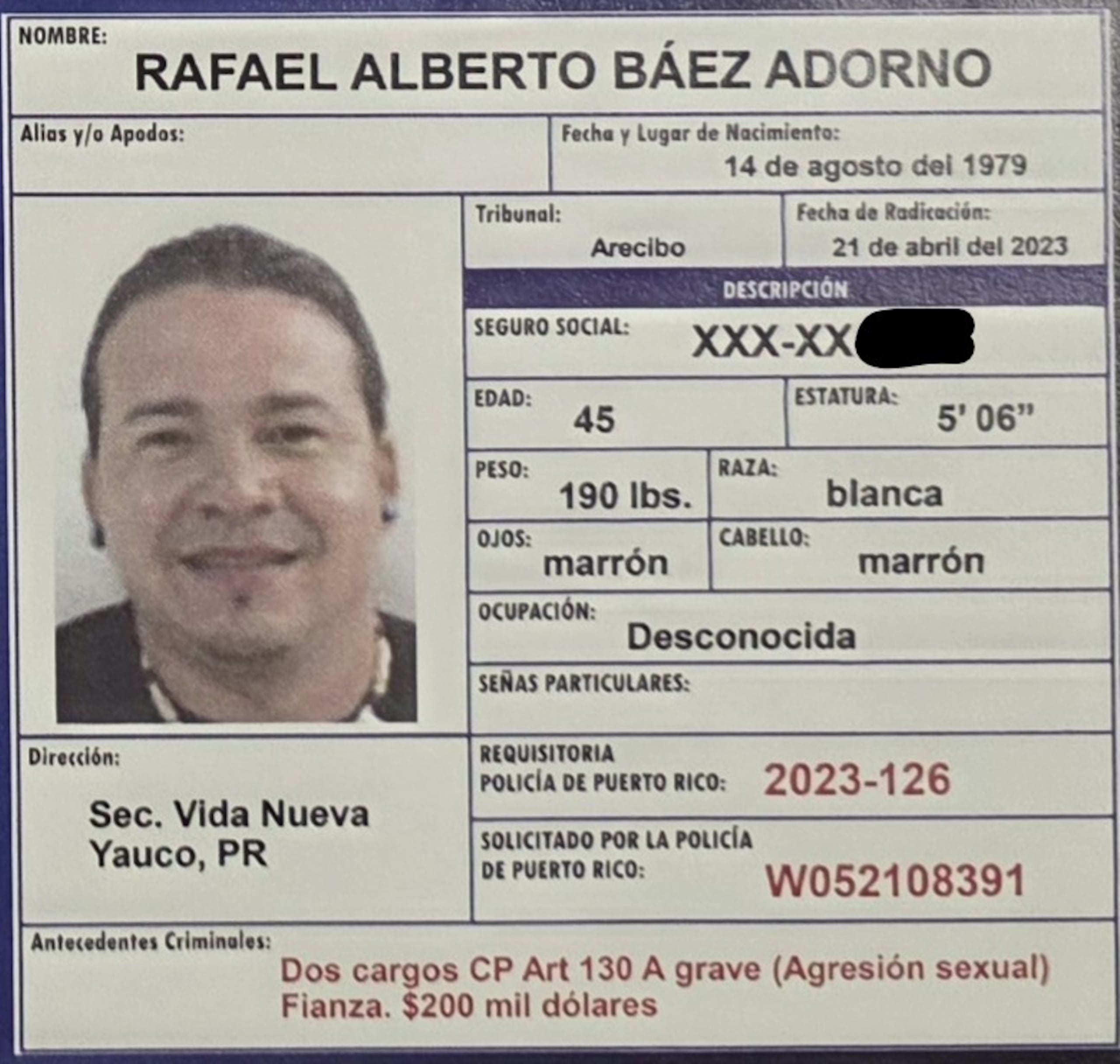 Contra Rafael A. Báez Adorno, arrestado en Middletown, Ohio, pesan cargos de agresión sexual contra una menor.